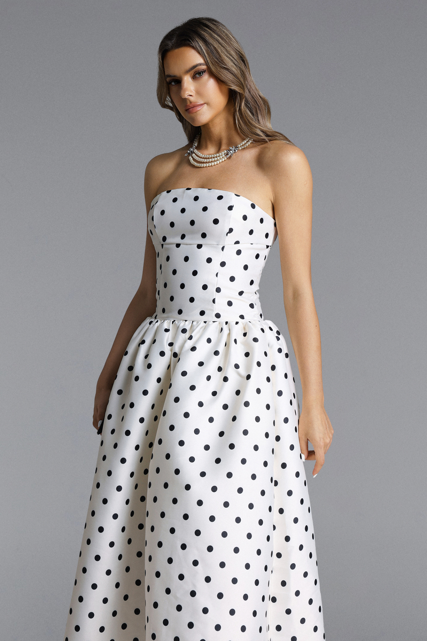 Gregorio Elegant Tailored Strapless Polka Dot Maxi Dress