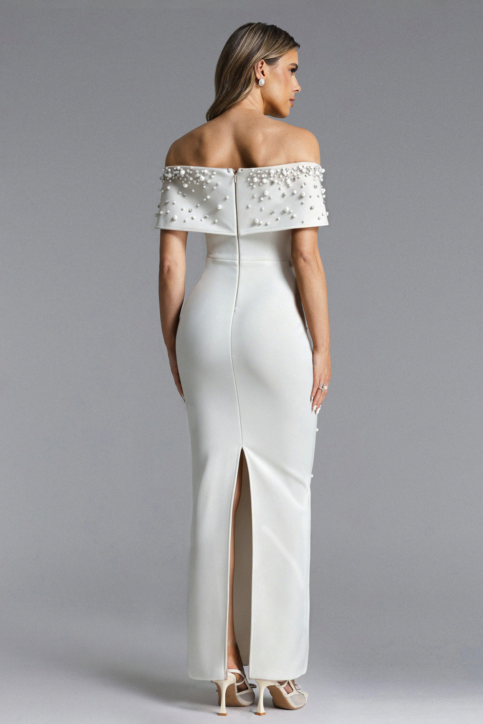 Isme Elegant Contour Off Shoulder Pearl Rhinestone Bandage White