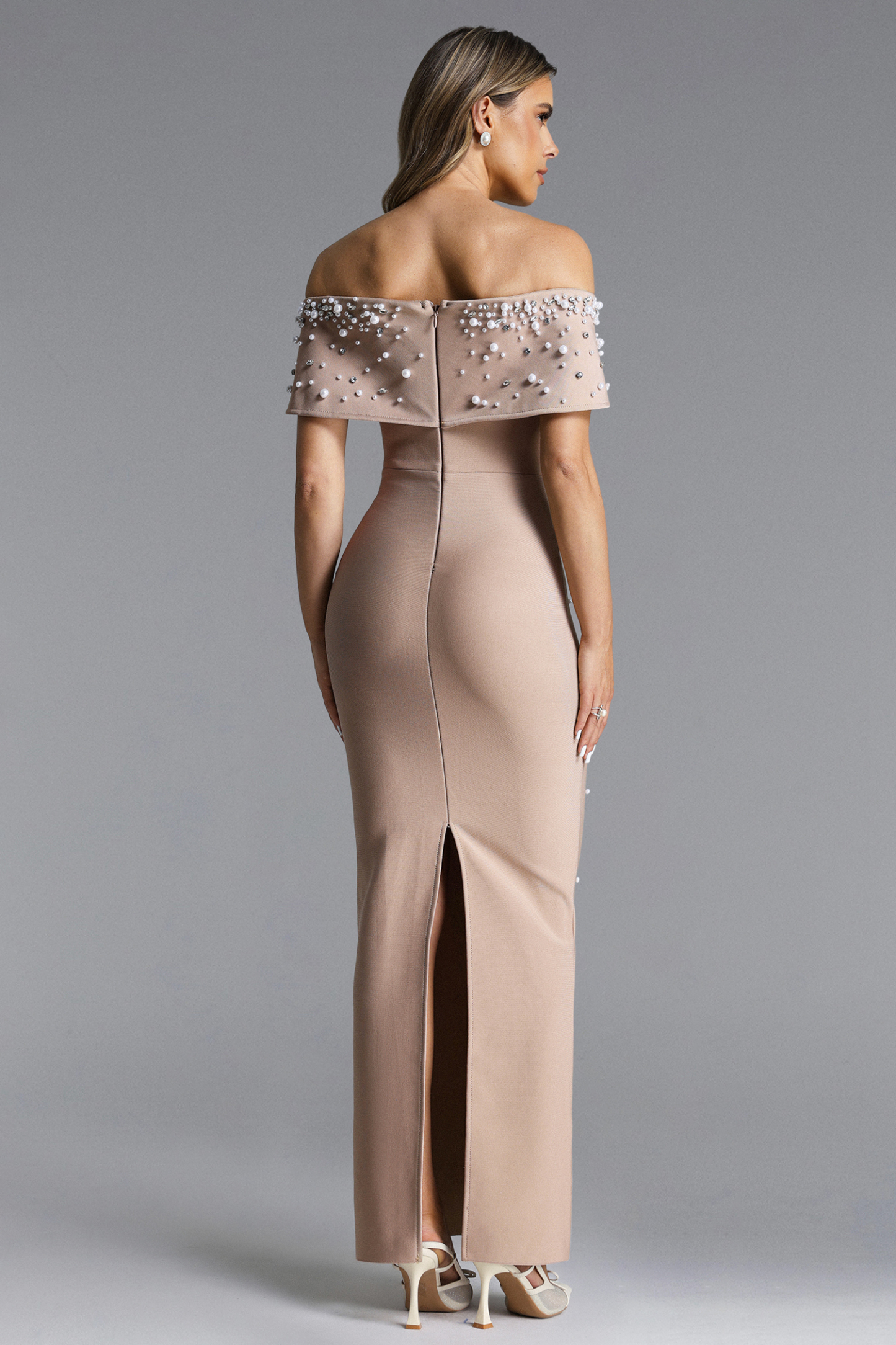 Isme Elegant Contour Off Shoulder Pearl Rhinestone Bandage Maxi Dress