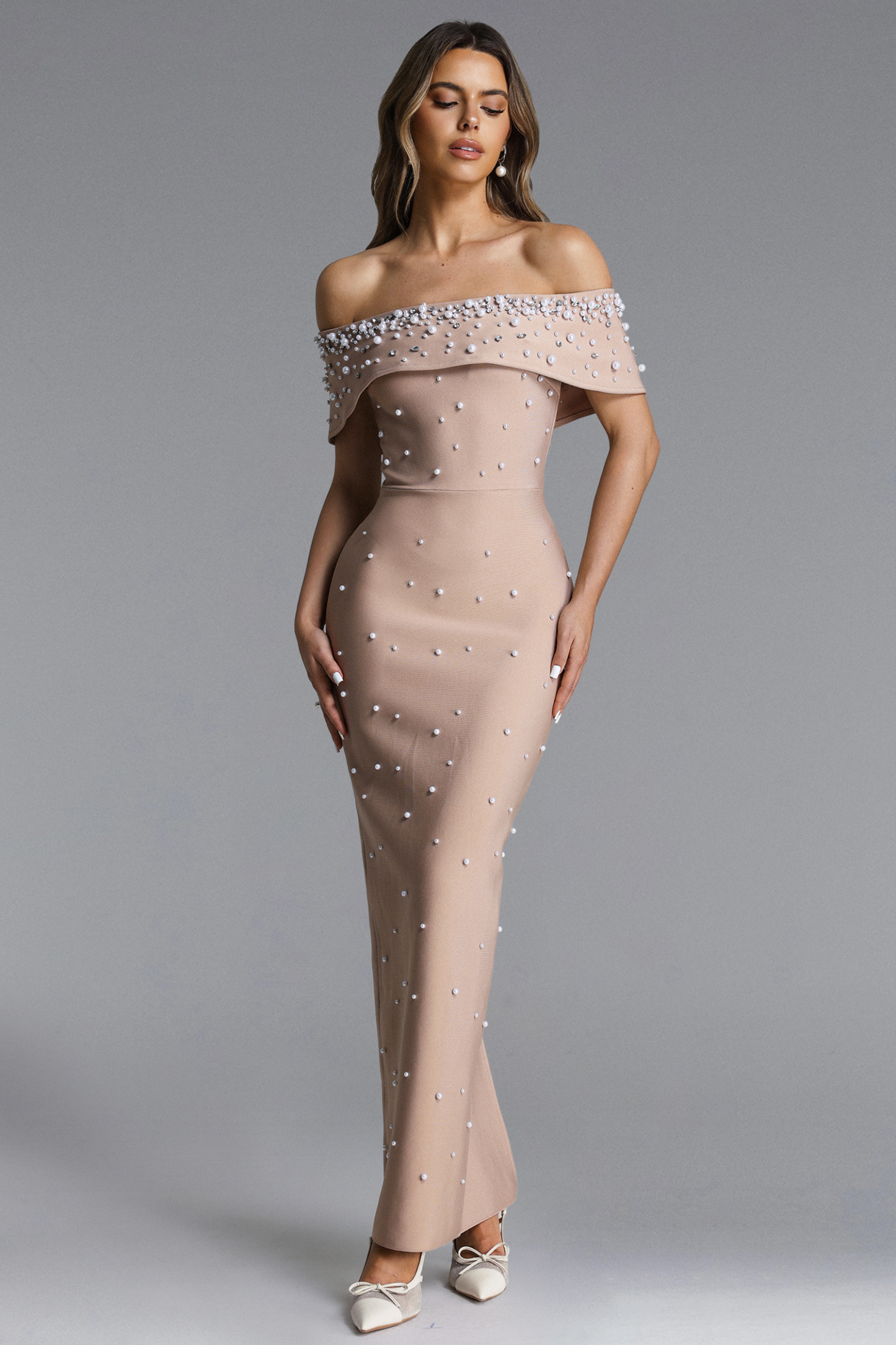 Isme Elegant Contour Off Shoulder Pearl Rhinestone Bandage Maxi Dress