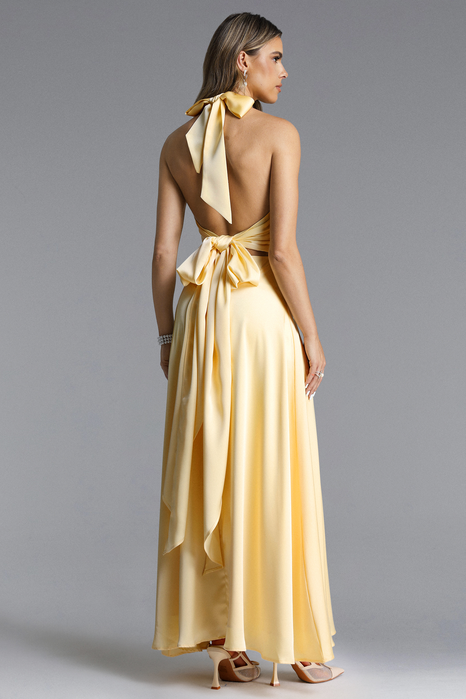 Porsha Elegant Contour Halter Ruched Knit Maxi Dress