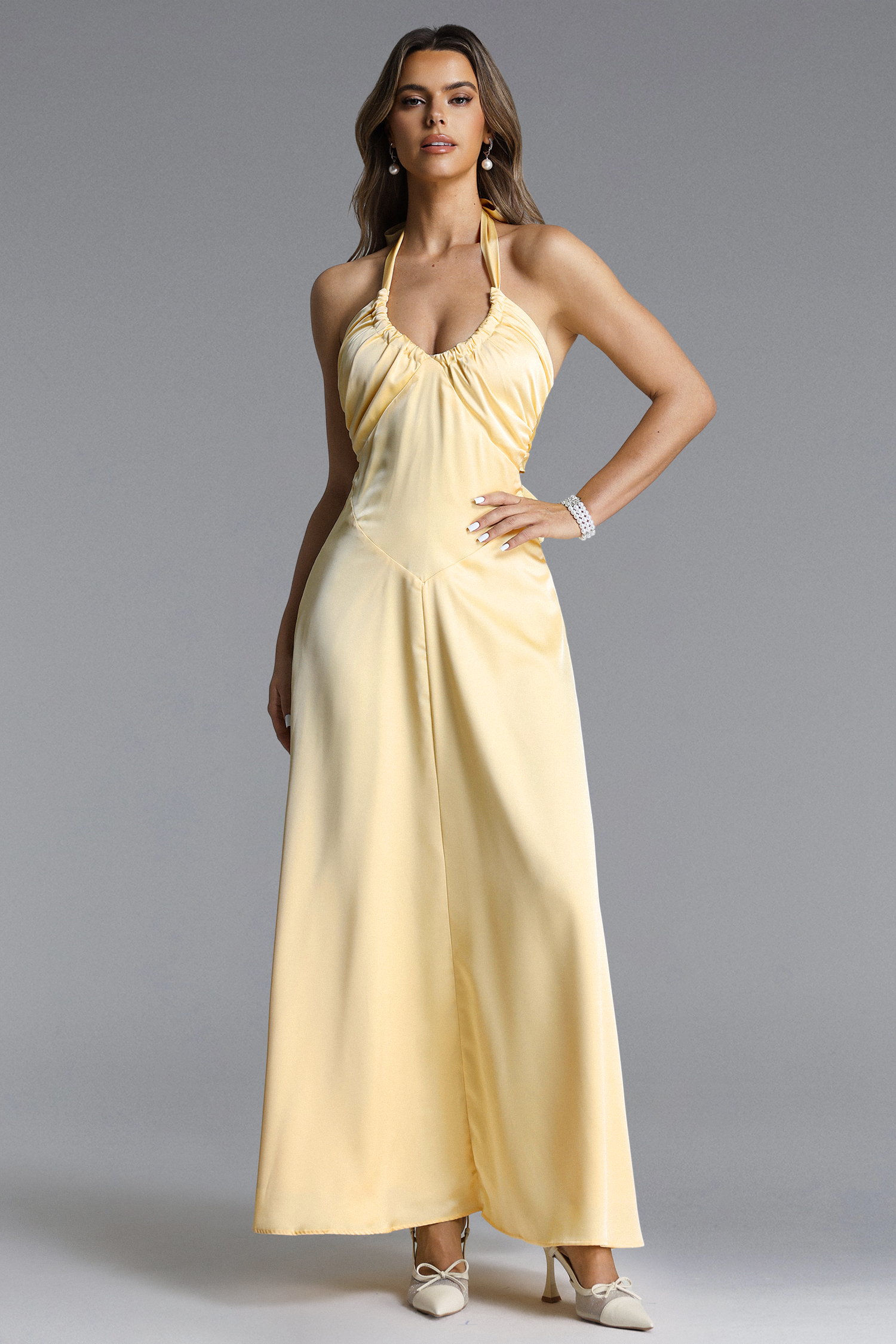 Porsha Elegant Contour Halter Ruched Knit Maxi Dress