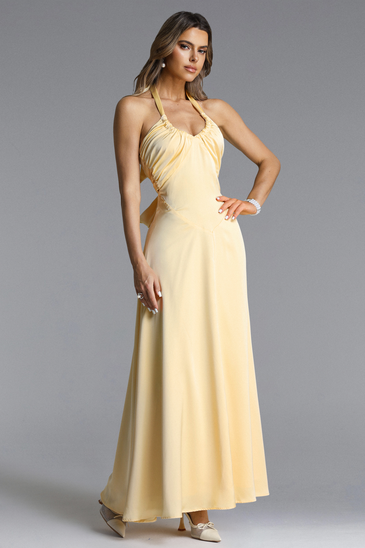 Porsha Elegant Contour Halter Ruched Knit Maxi Dress