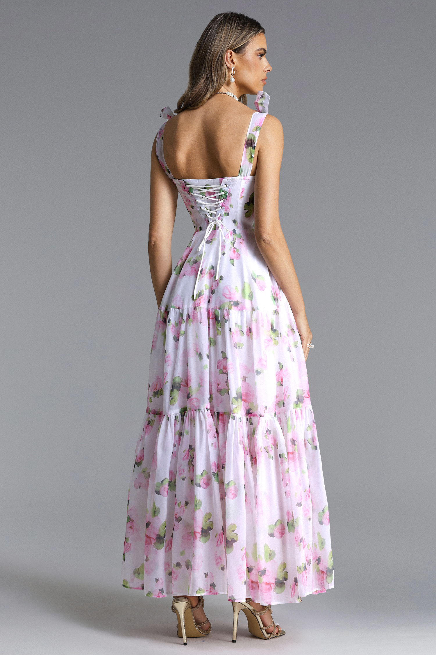 Daphne Romantic Flowy Bow Strap Floral Print Maxi Dress