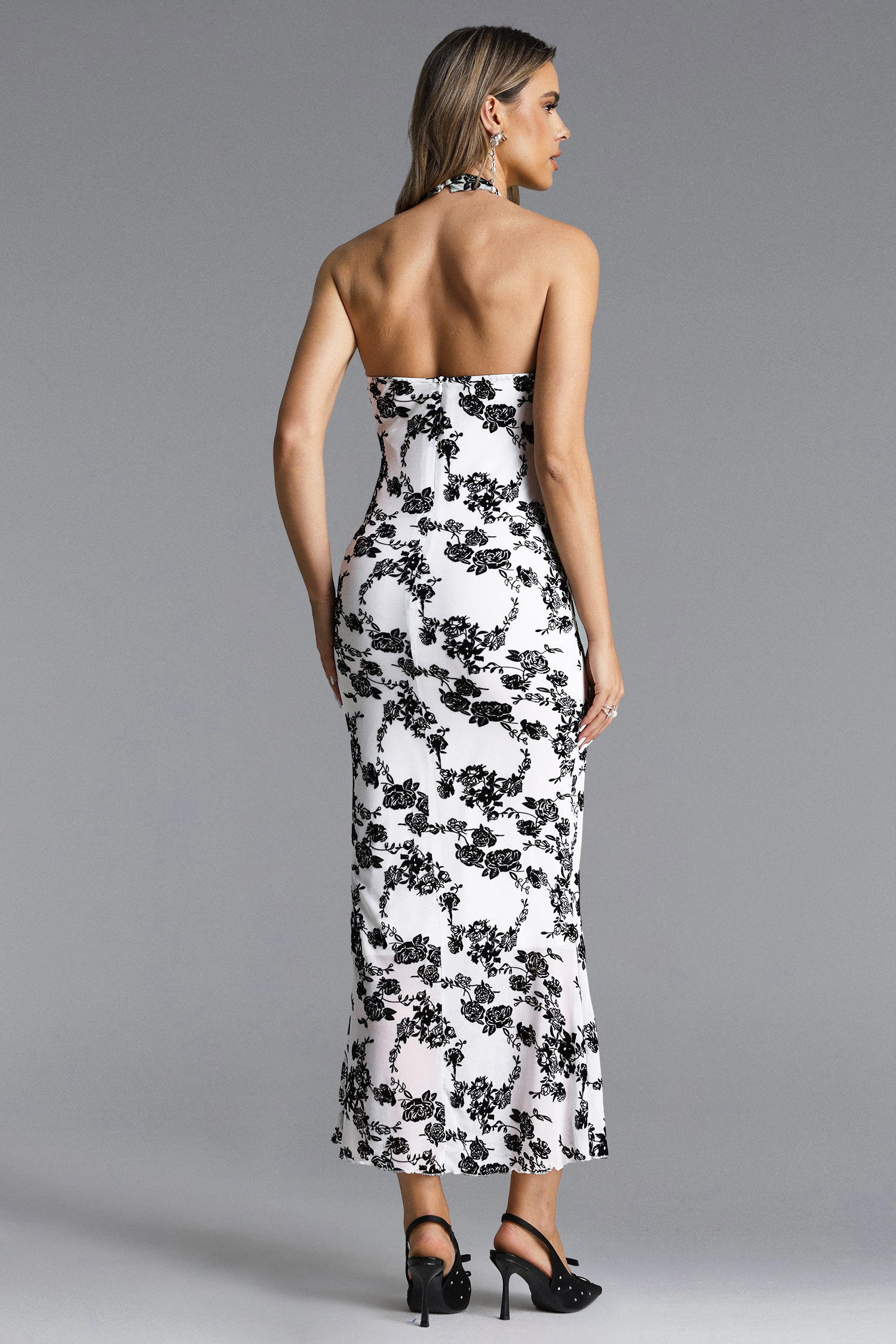 Traci Elegant Contour Halter Floral Maxi Dress