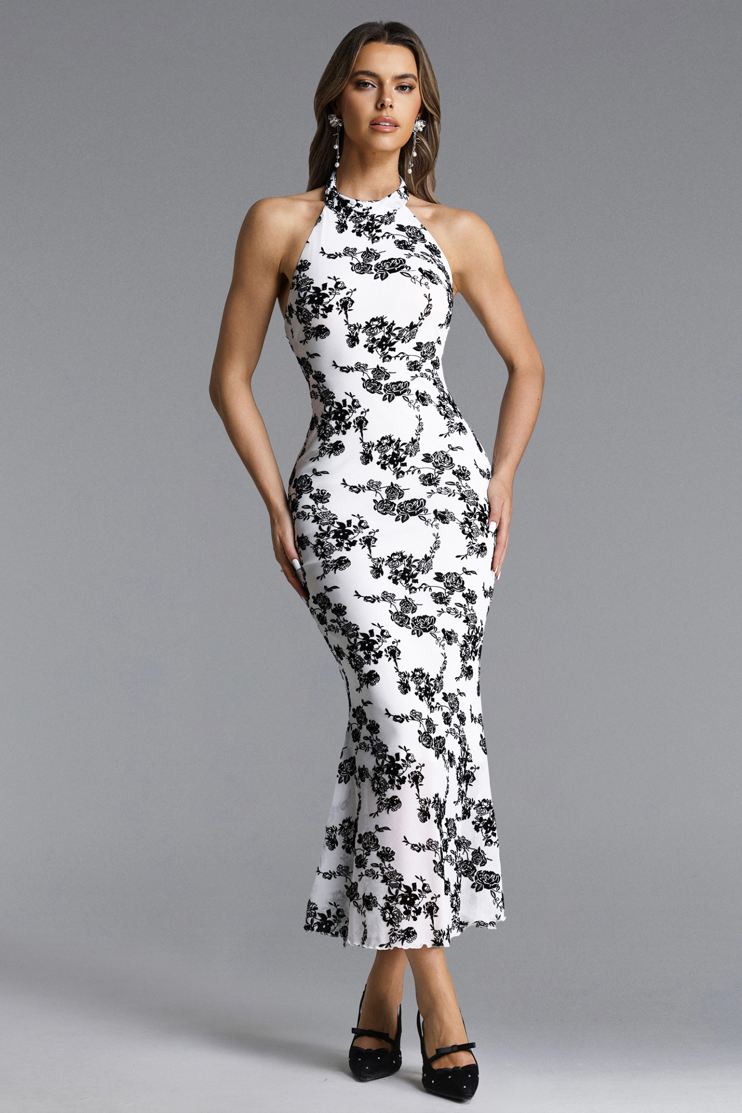 Traci Elegant Contour Halter Floral Maxi Dress
