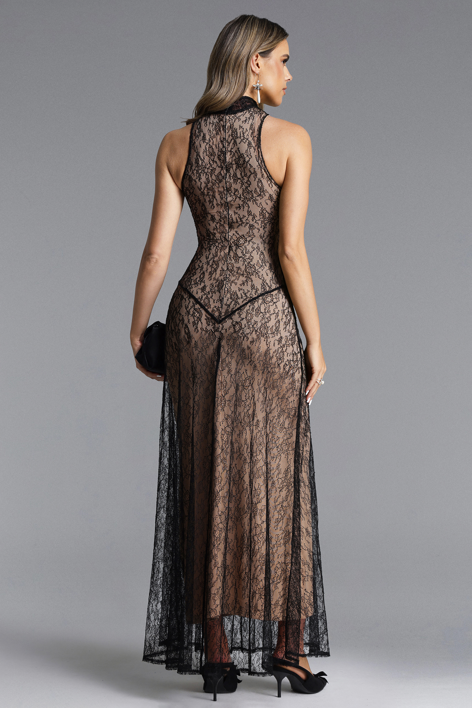 Maris Romantic Contour Halter Sleeveless Lace Maxi Dress