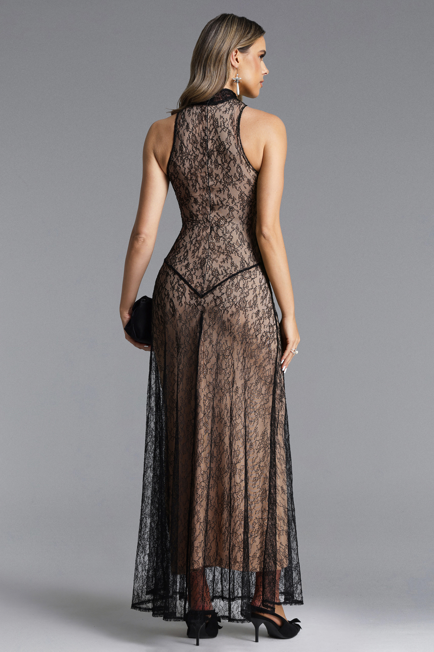 Maris Romantic Contour Halter Sleeveless Lace Maxi Dress