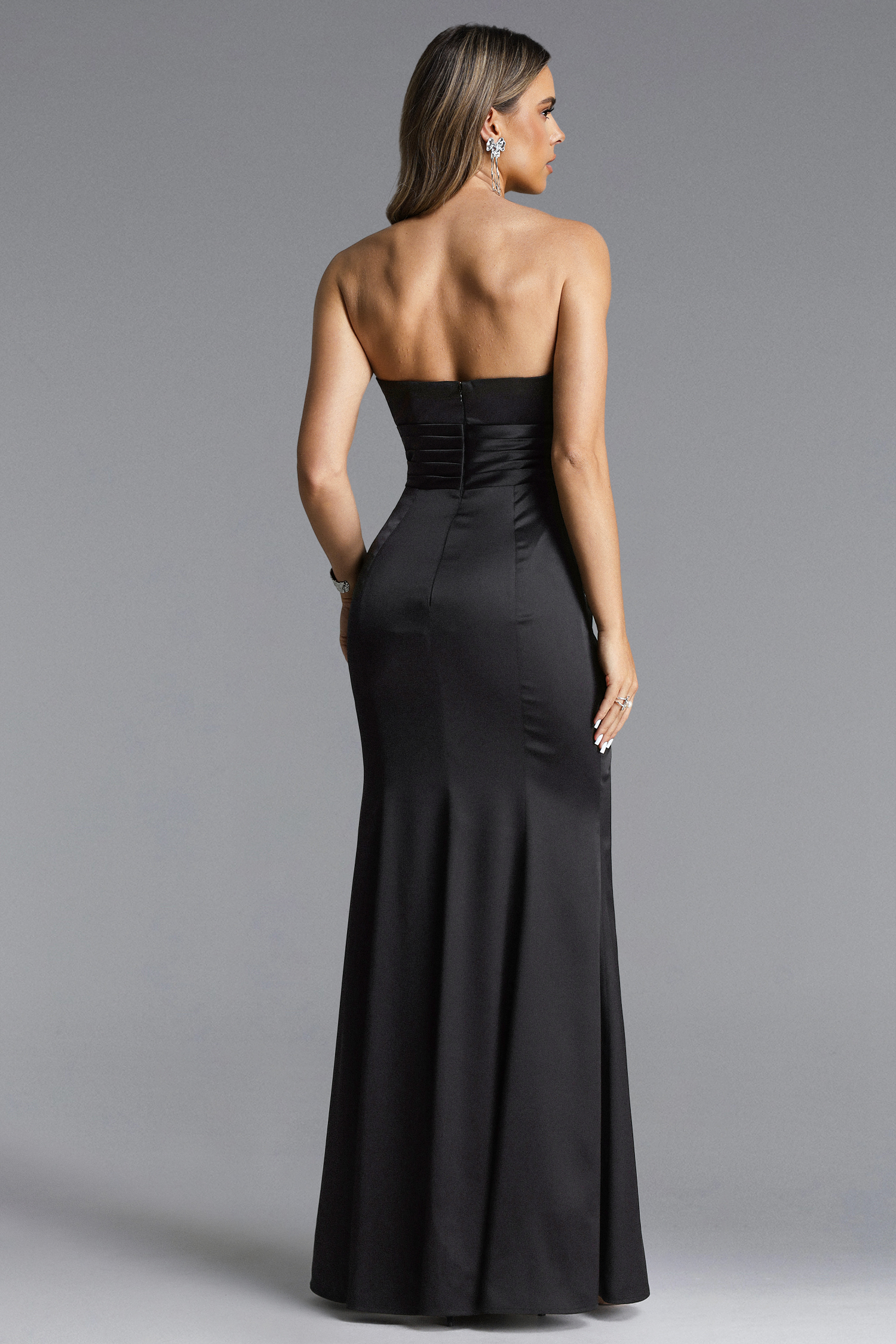 Fifer Elegant Contour Pleated Ruffle High Slit Maxi Dress