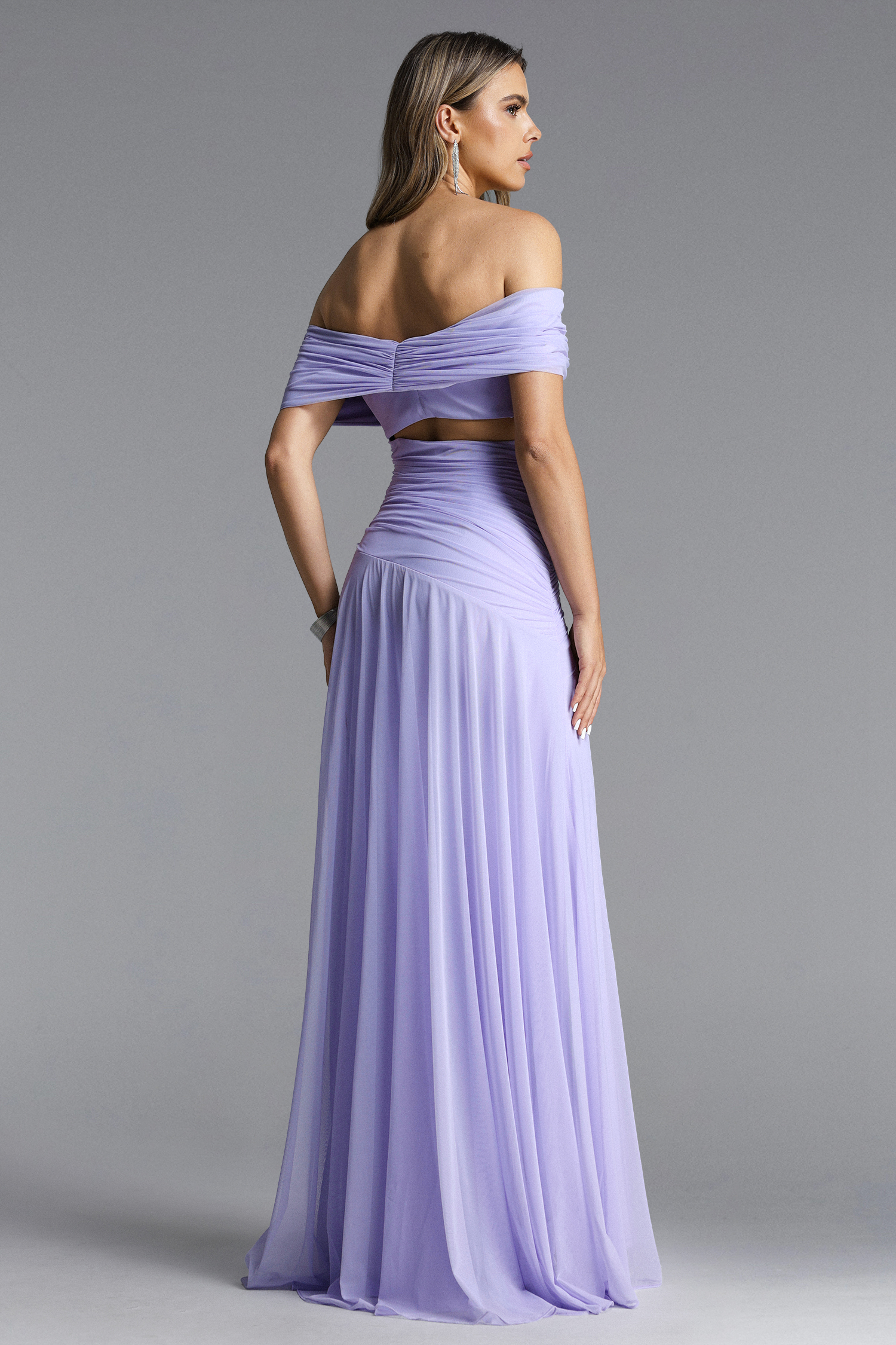 Vikare Romantic Contour Off Shoulder Deep V Cut Out Pleated Mesh Maxi Dress