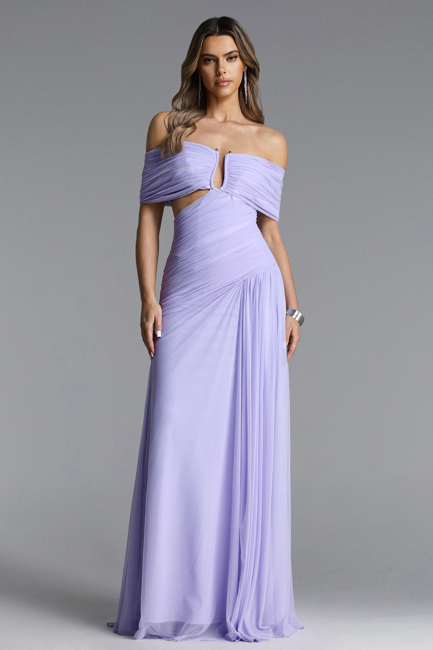 Vikare Romantic Contour Off Shoulder Deep V Cut Out Pleated Mesh Maxi Dress