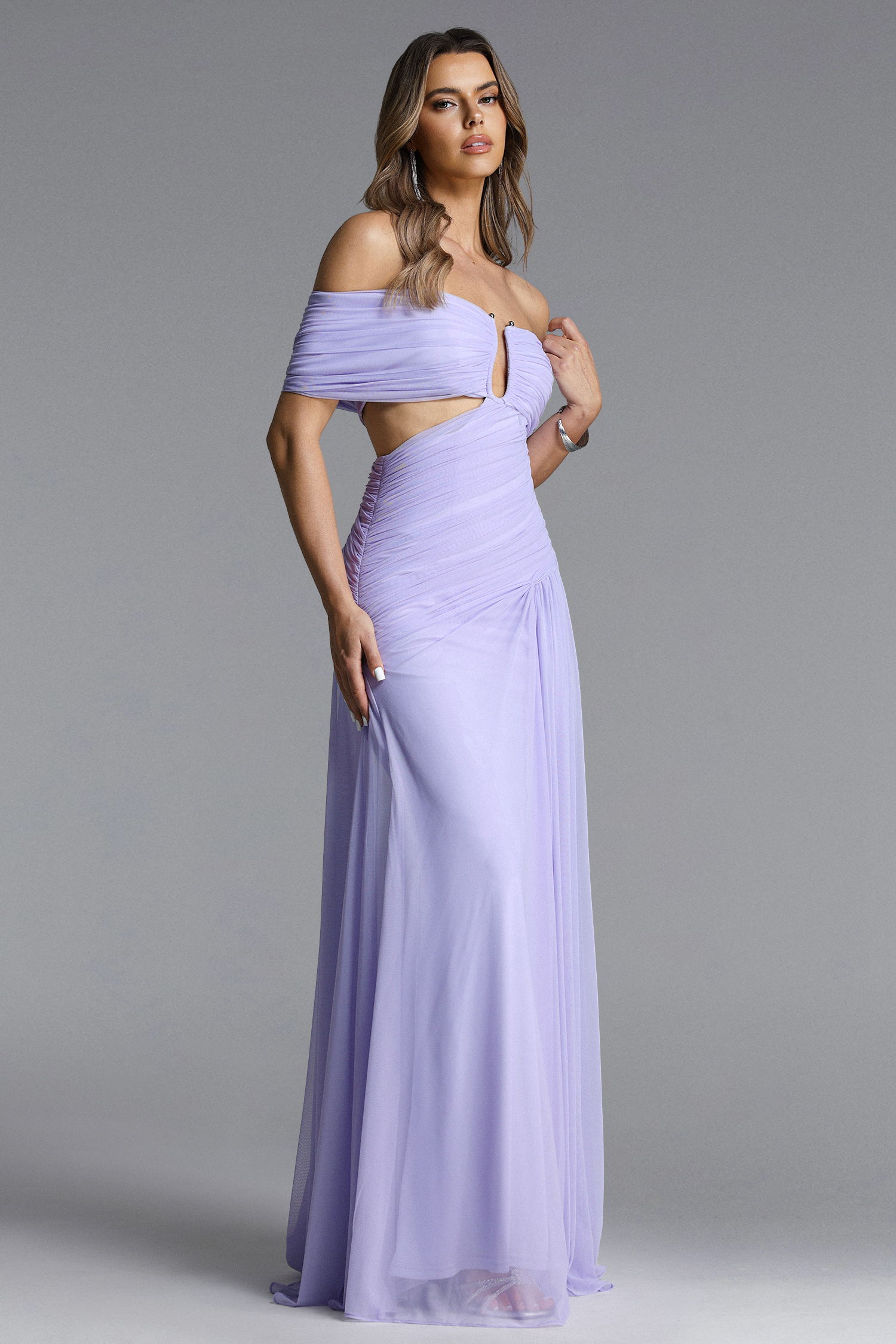 Vikare Romantic Contour Off Shoulder Deep V Cut Out Pleated Mesh Maxi Dress