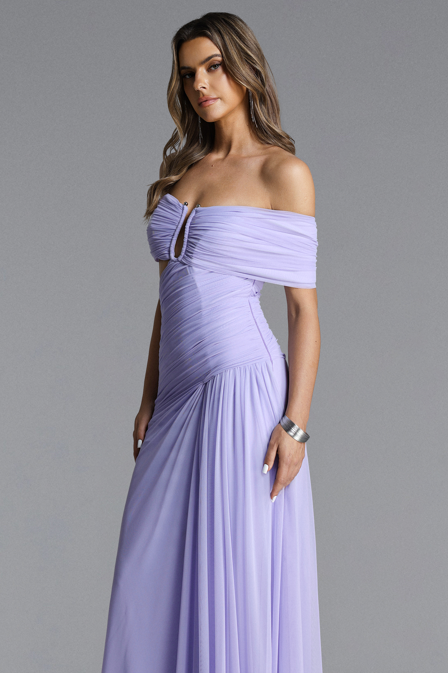 Vikare Romantic Contour Off Shoulder Deep V Cut Out Pleated Mesh Maxi Dress