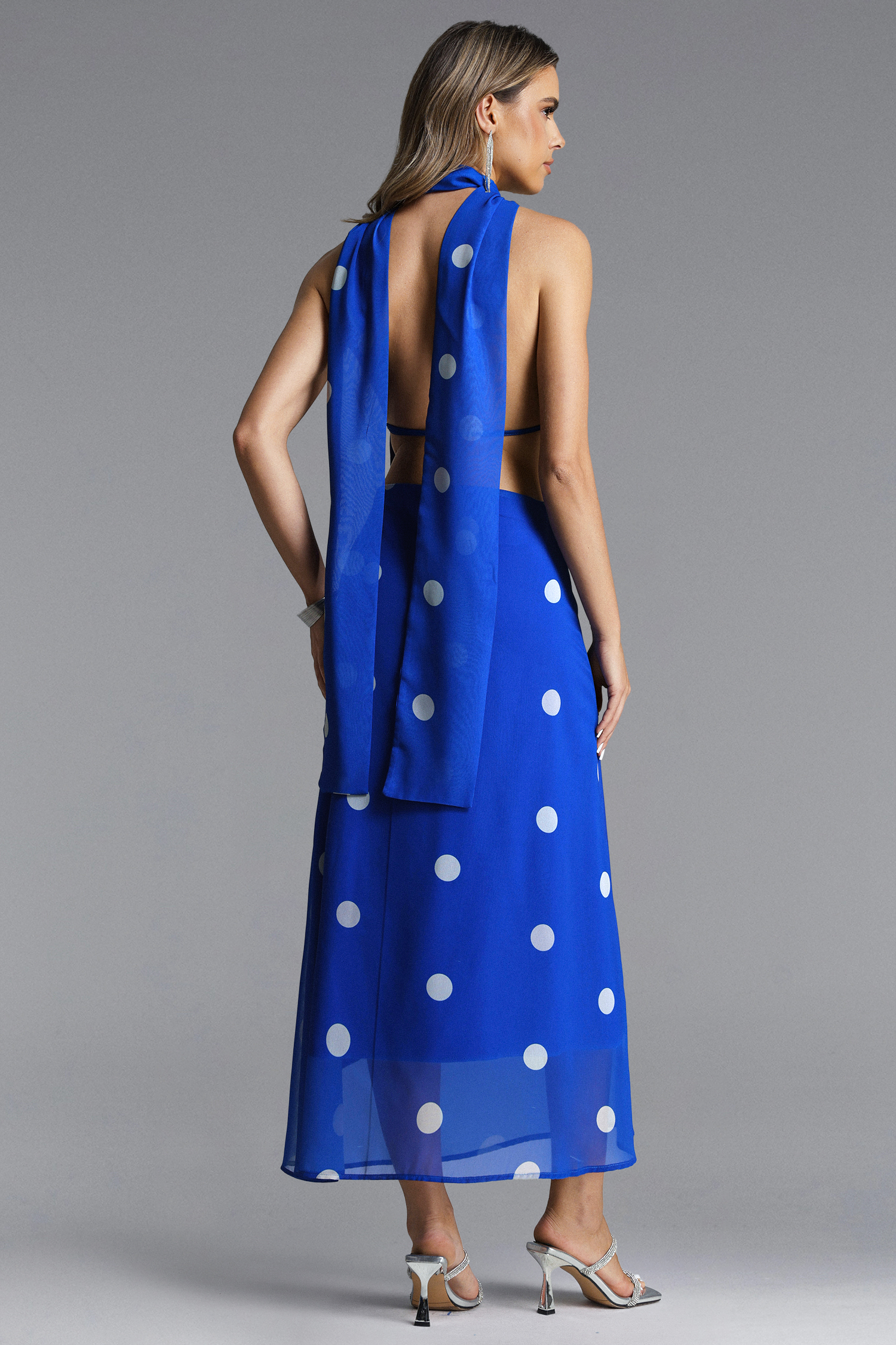 Doda Chic Flowy Halter Scarf Polka Dot Maxi Dress