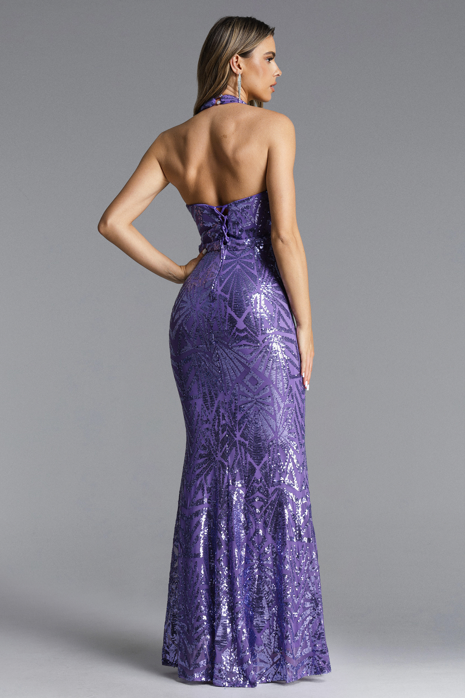 Rode Chic Contour Halter Deep V Sequin Pattern Maxi Dress