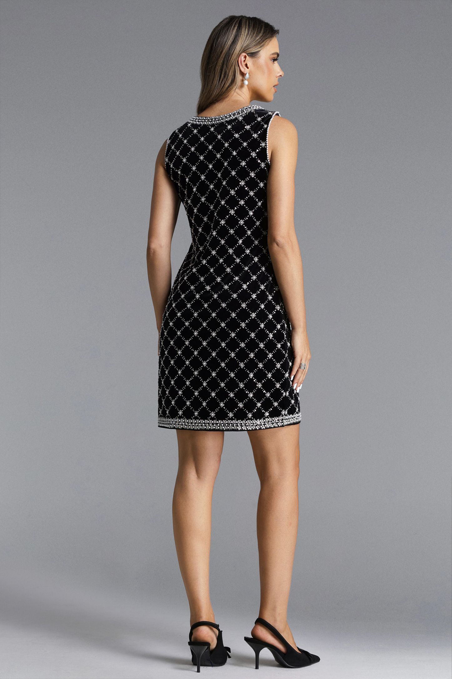 Linda Classic Tailored Sleeveless Argyle Pattern Sequin Mini Dress