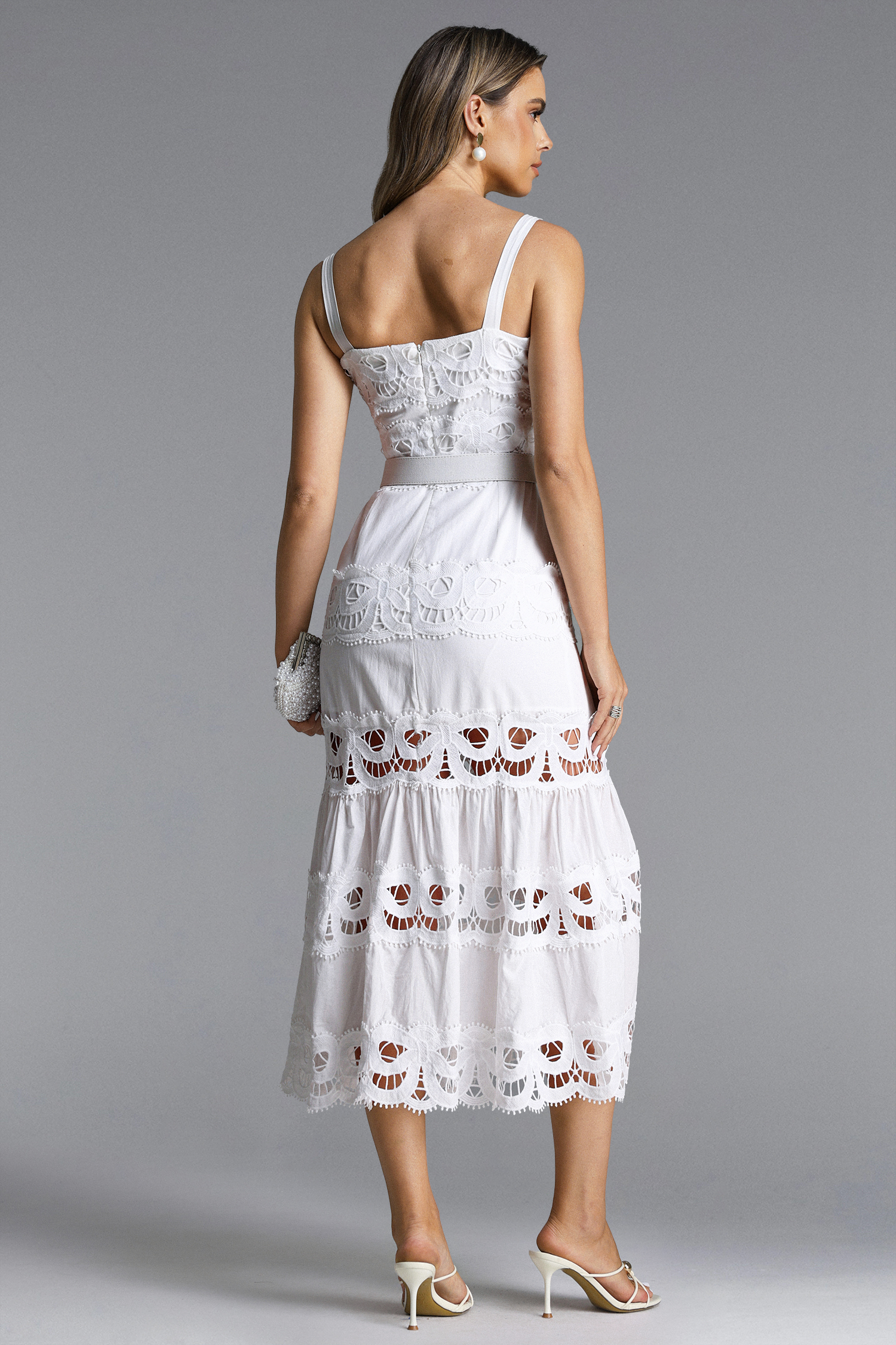 Giada Romantic Tailored Sleeveless Belted Lace Woven Maxi Dress