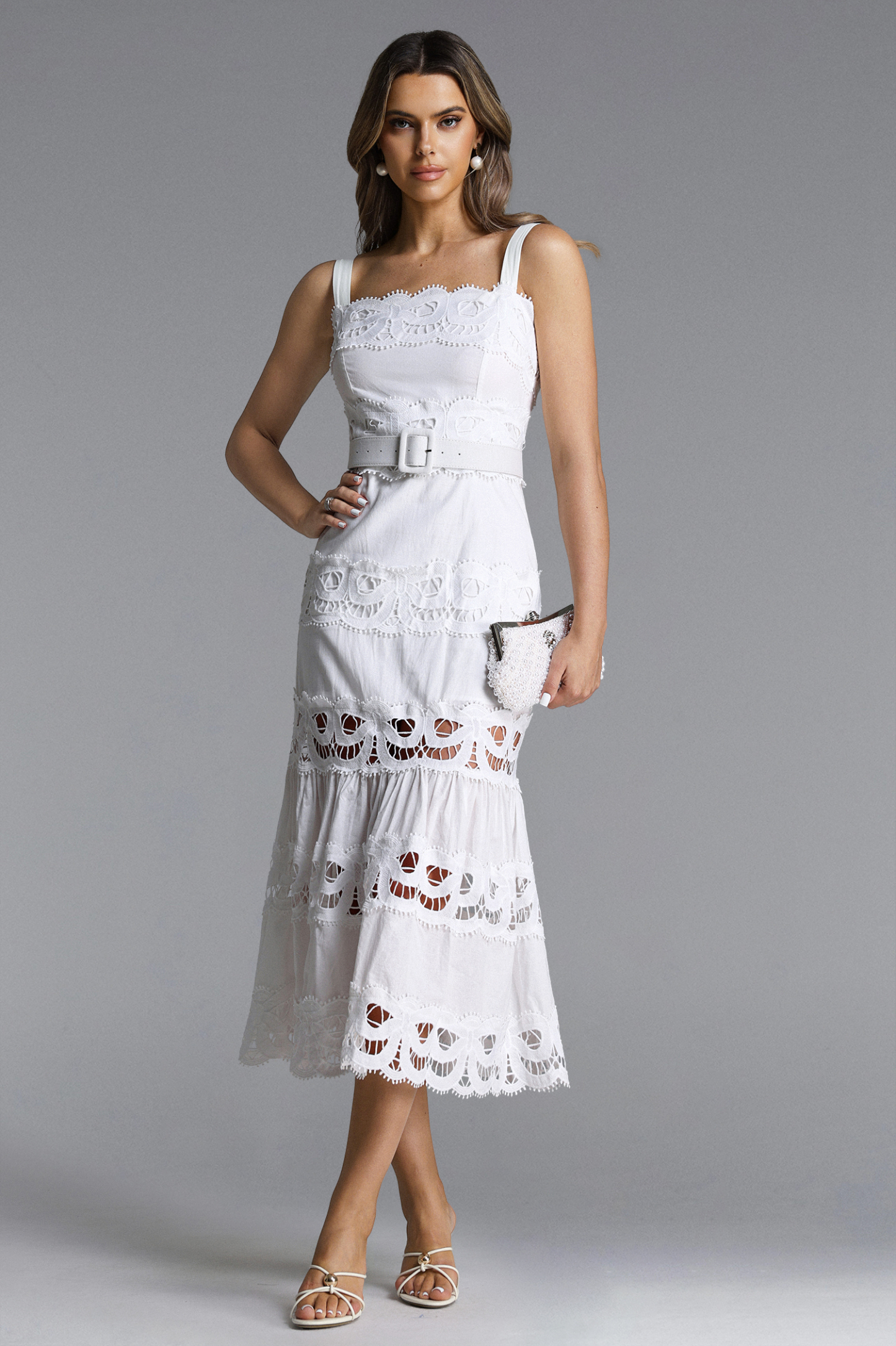 Giada Romantic Tailored Sleeveless Belted Lace Woven Maxi Dress
