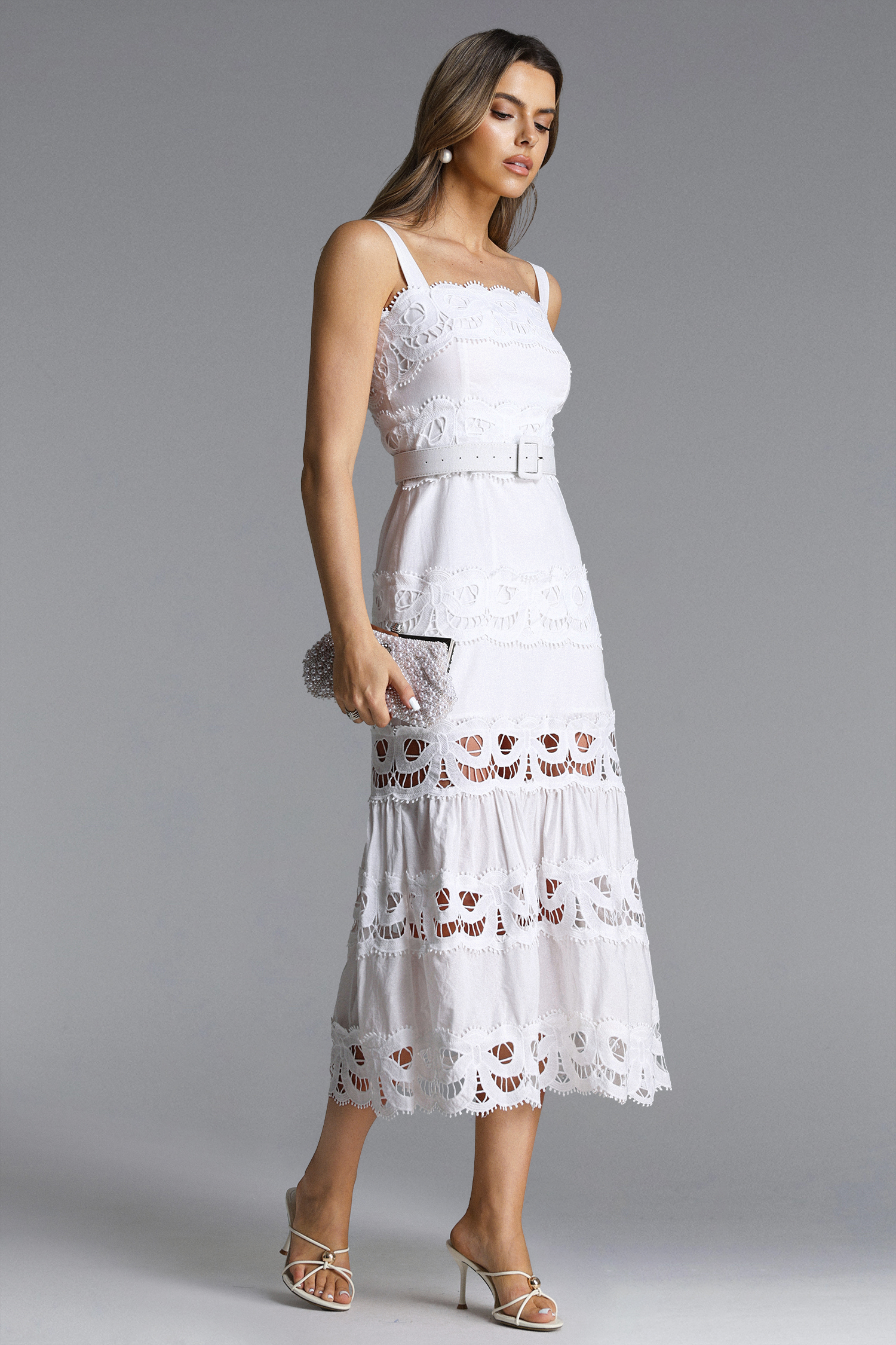 Giada Romantic Tailored Sleeveless Belted Lace Woven Maxi Dress