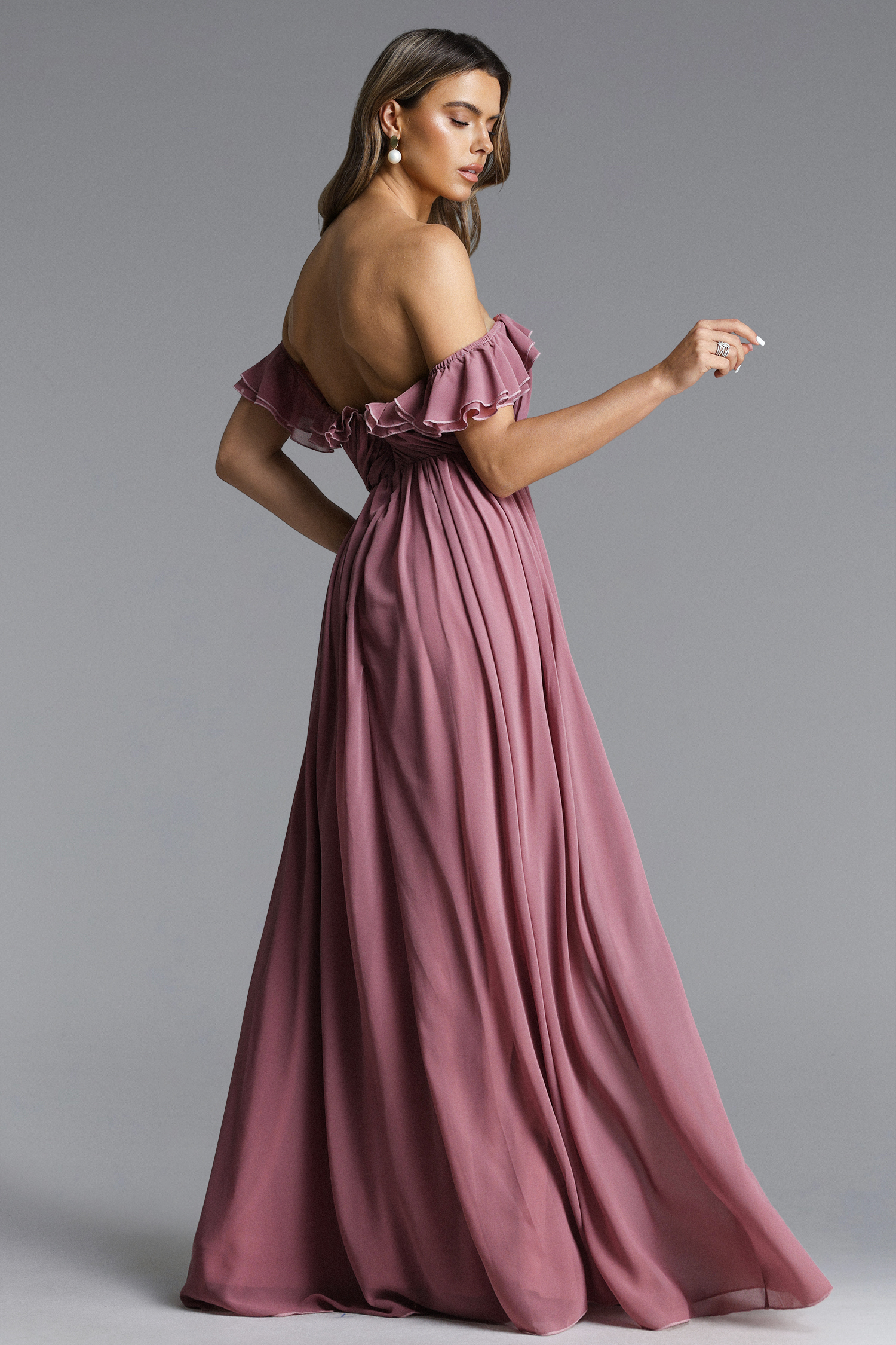 Tess Elegant Flowy Off Shoulder Ruffle Pleated Maxi Dress