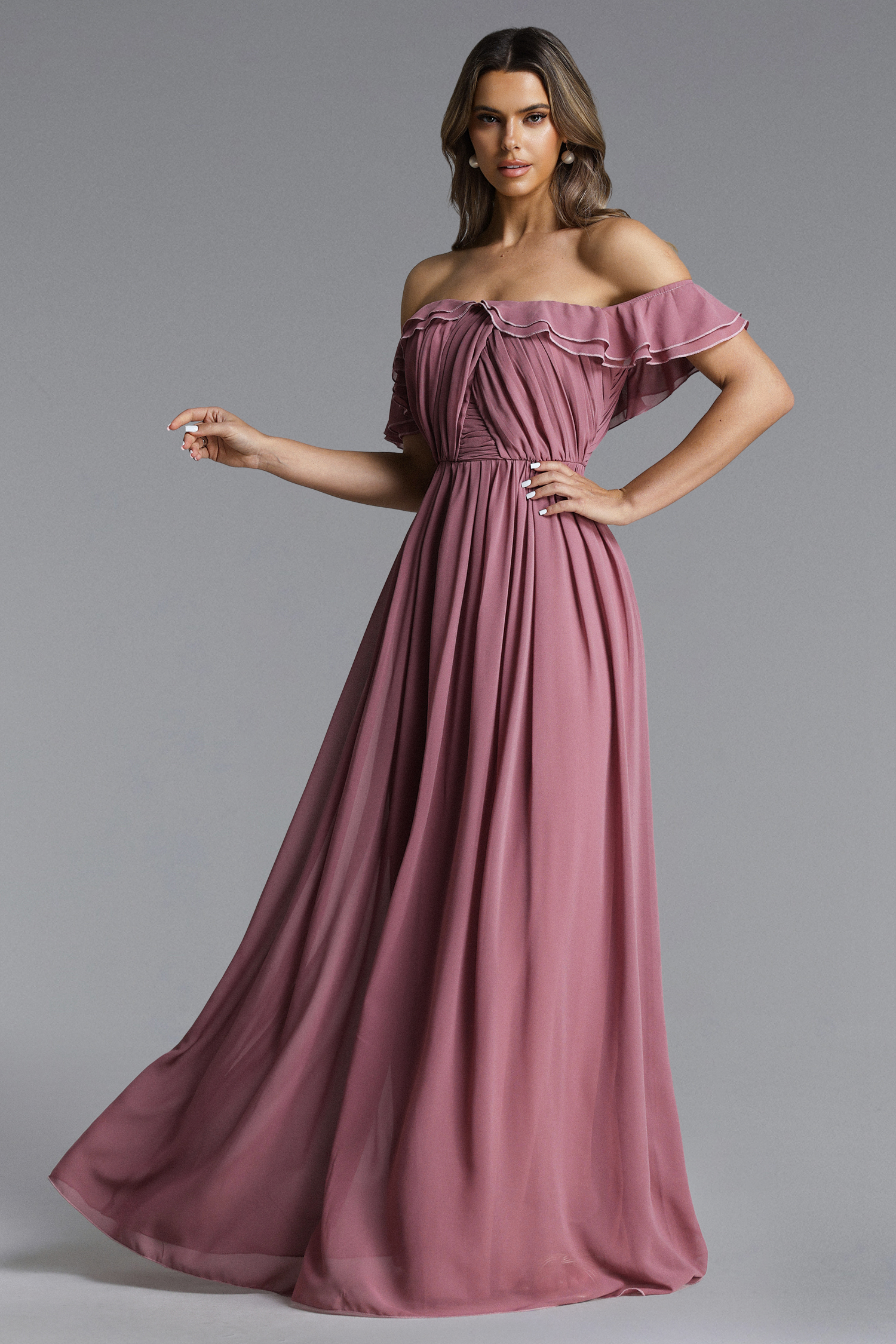 Tess Elegant Flowy Off Shoulder Ruffle Pleated Maxi Dress