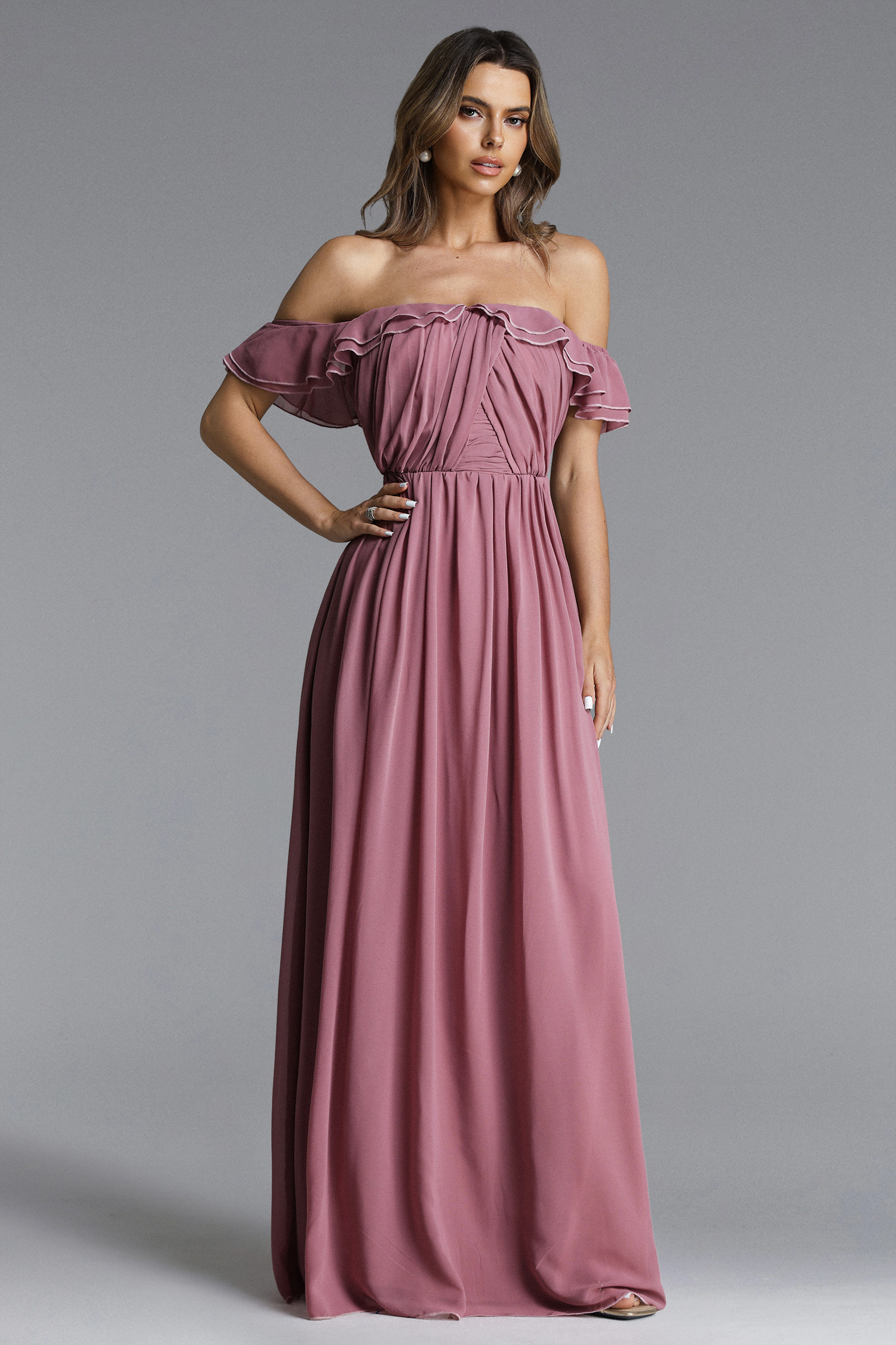 Tess Elegant Flowy Off Shoulder Ruffle Pleated Maxi Dress