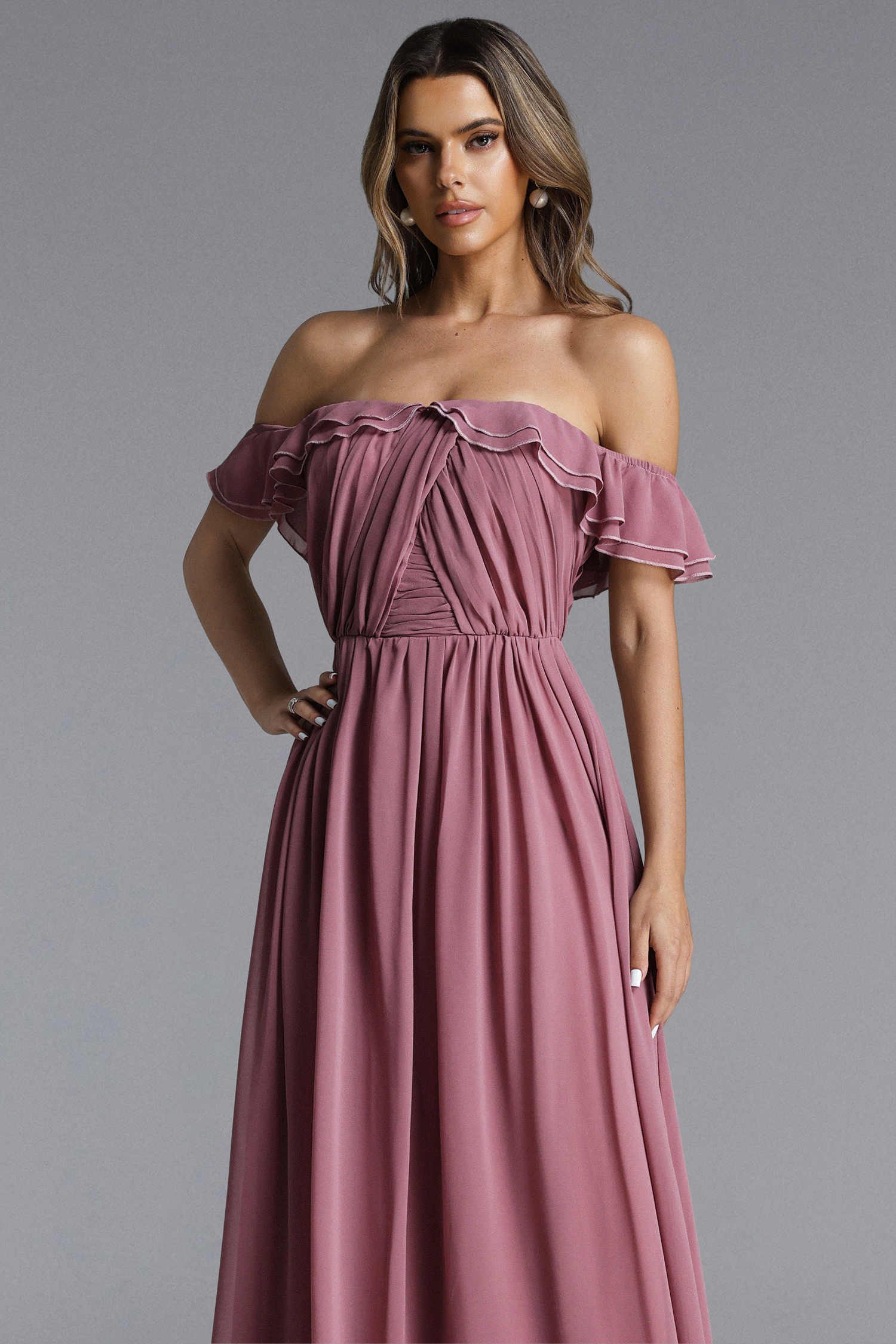Tess Elegant Flowy Off Shoulder Ruffle Pleated Maxi Dress