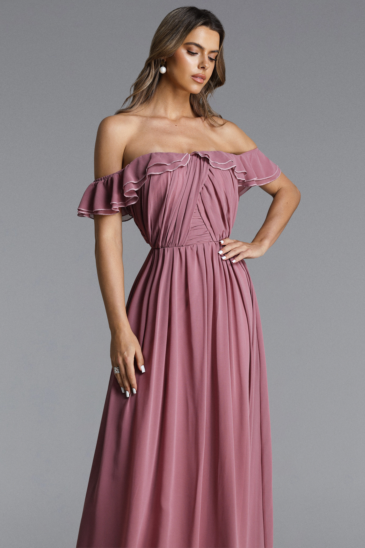 Tess Elegant Flowy Off Shoulder Ruffle Pleated Maxi Dress