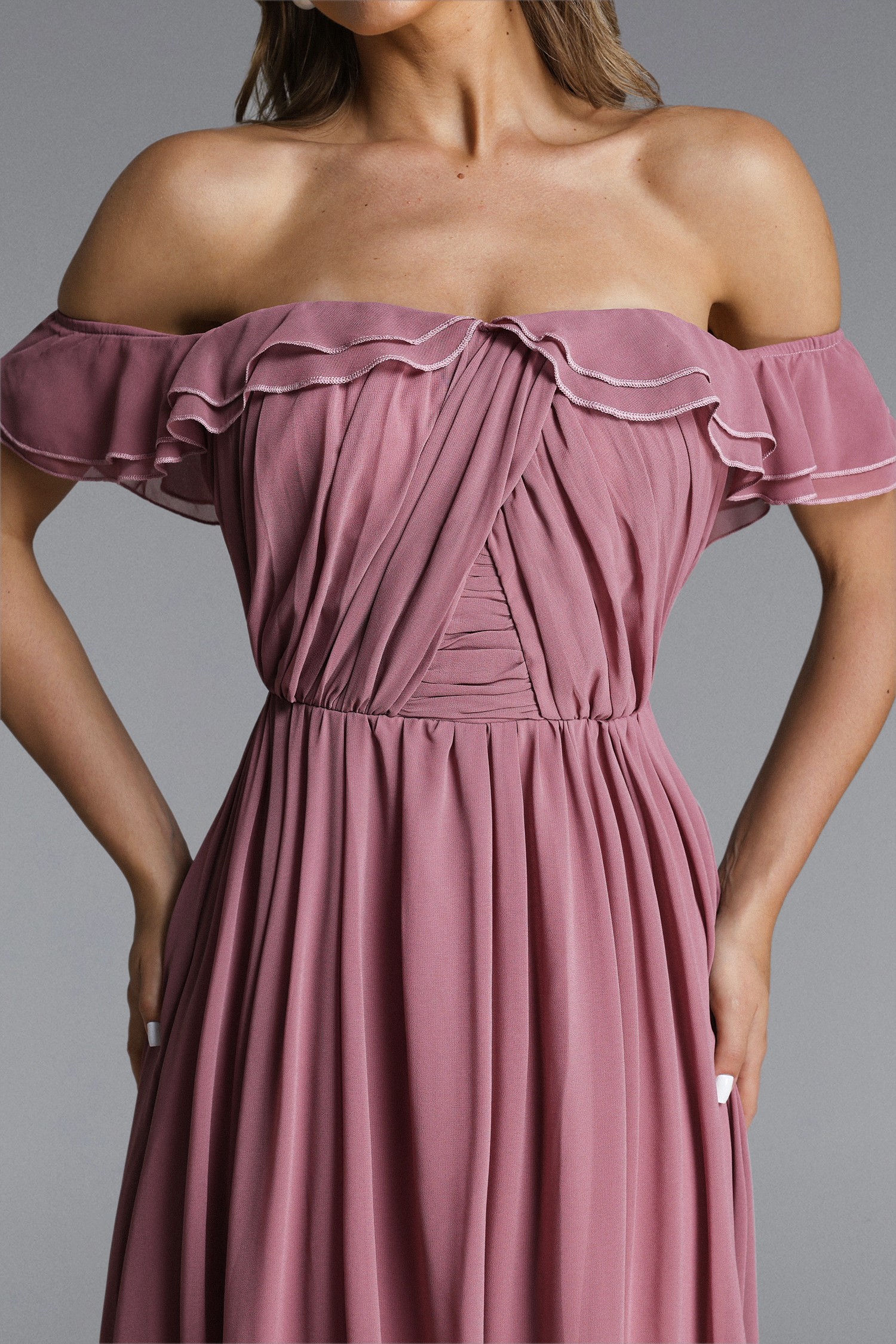 Tess Elegant Flowy Off Shoulder Ruffle Pleated Maxi Dress