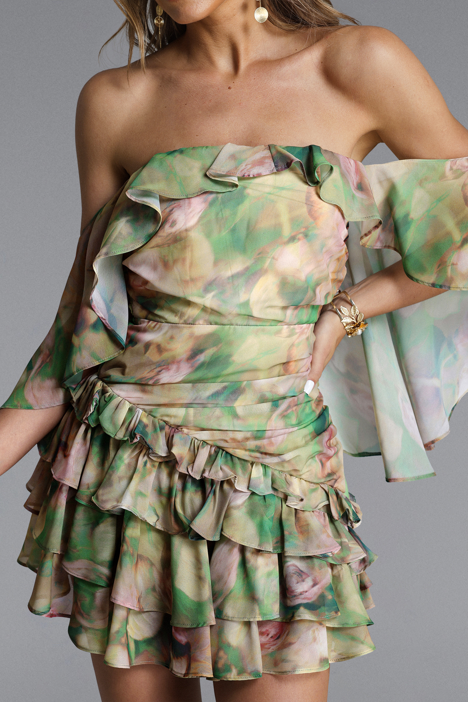 Janneth Romantic Flowy Sleeveless Pleated Ruffle Floral Print Mini Dress