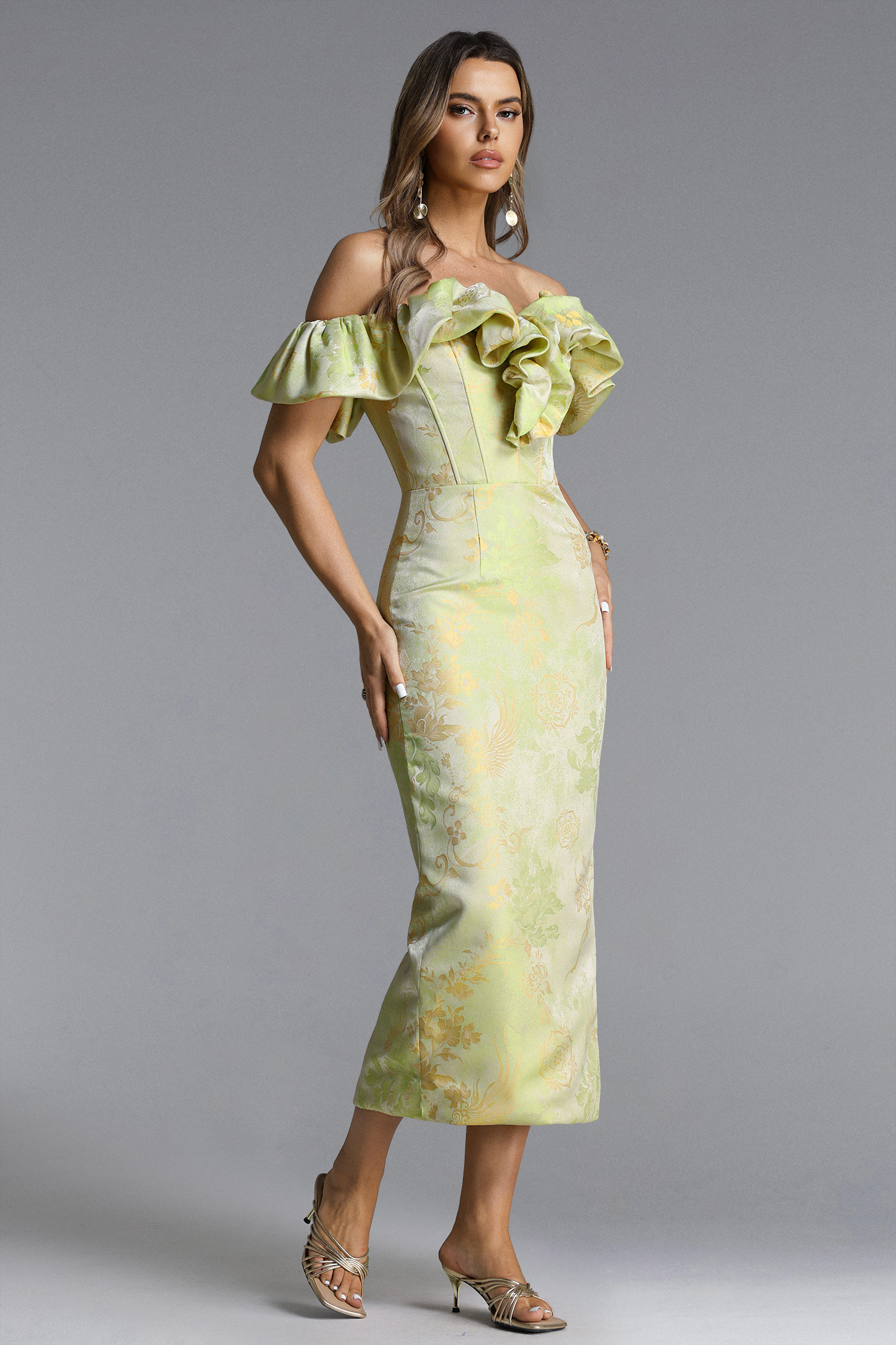 Rafaela Romantic Tailored Off Shoulder Ruffle Floral Print Maxi Dress