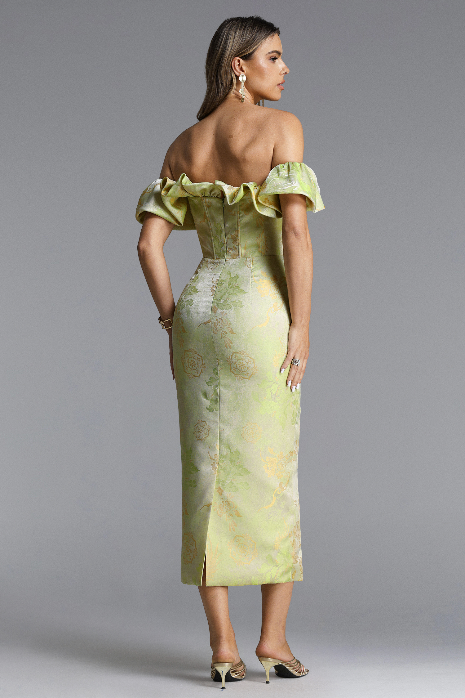 Rafaela Romantic Tailored Off Shoulder Ruffle Floral Print Maxi Dress