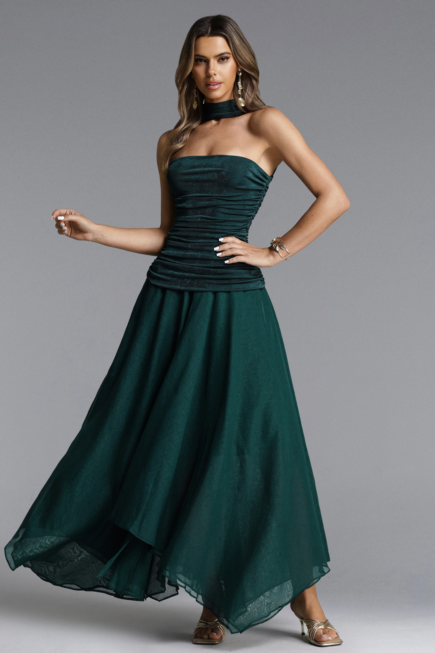 Eliana Elegant Contour Strapless Scarf Ruched Knit Maxi Dress