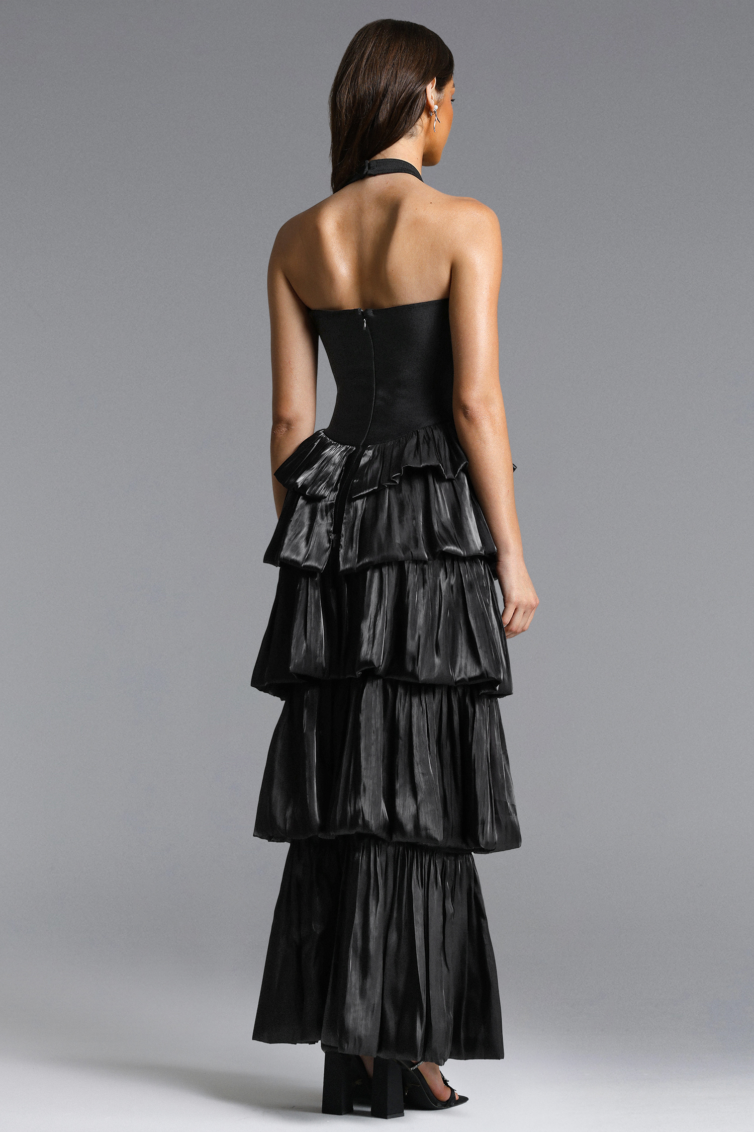Mlisa Chic Contour Halter Ruffle Bandage Maxi Dress