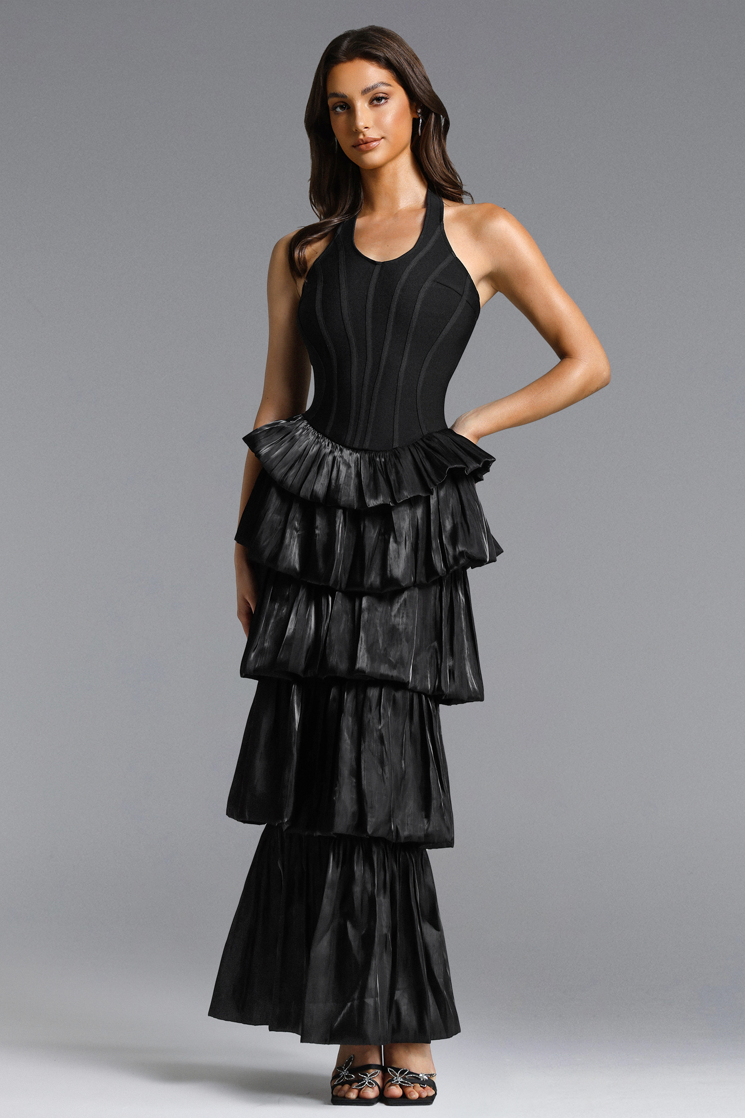 Mlisa Chic Contour Halter Ruffle Bandage Maxi Dress