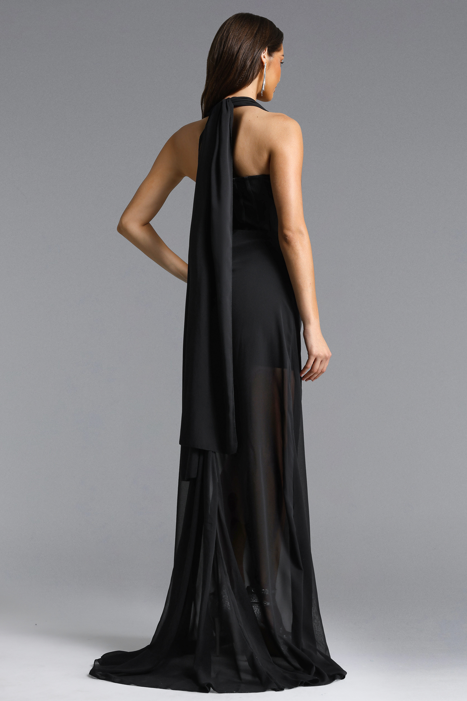 Pelze Chic Contour V Neck Rhinestone Pleated Chiffon Maxi Dress