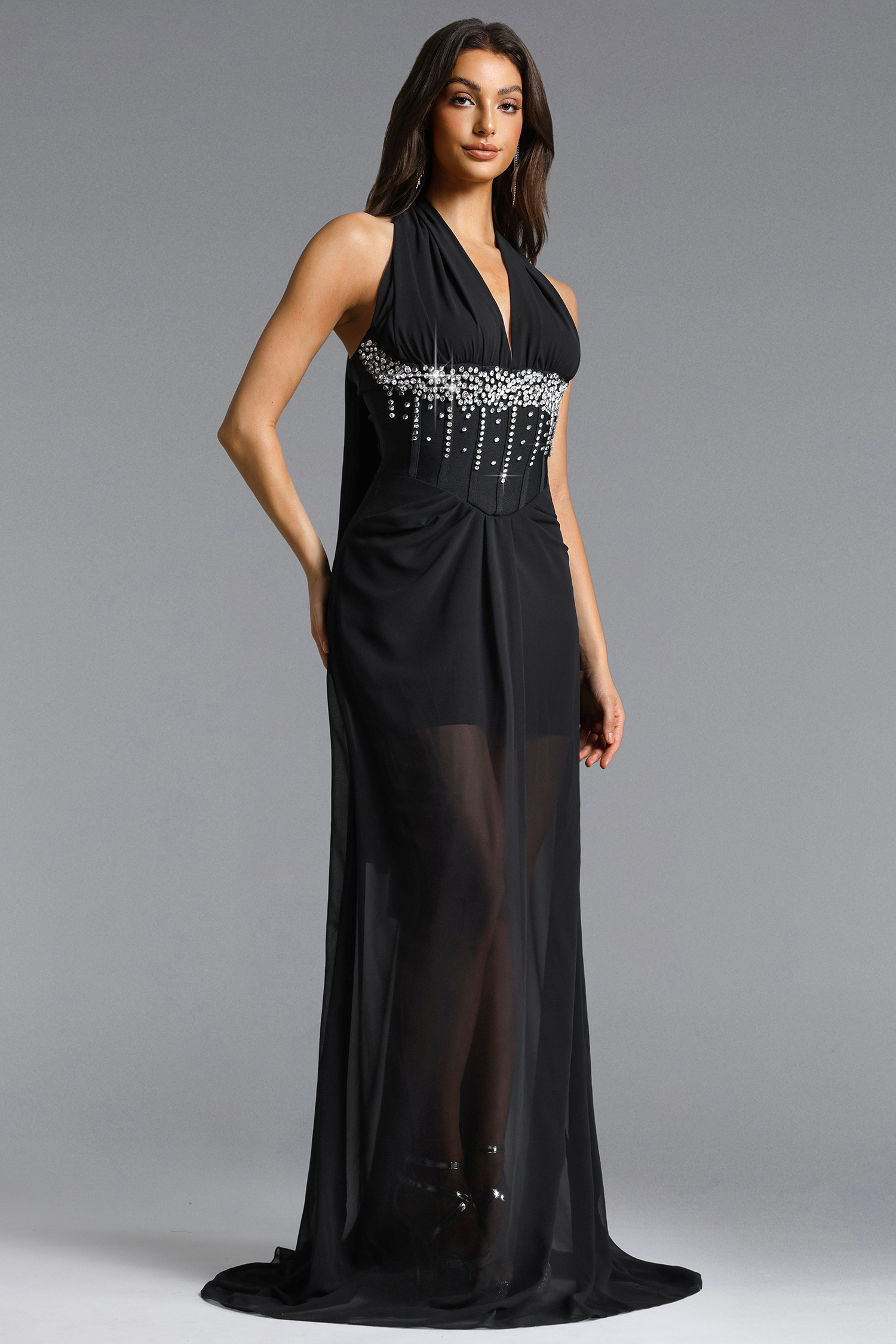 Pelze Chic Contour V Neck Rhinestone Pleated Chiffon Maxi Dress