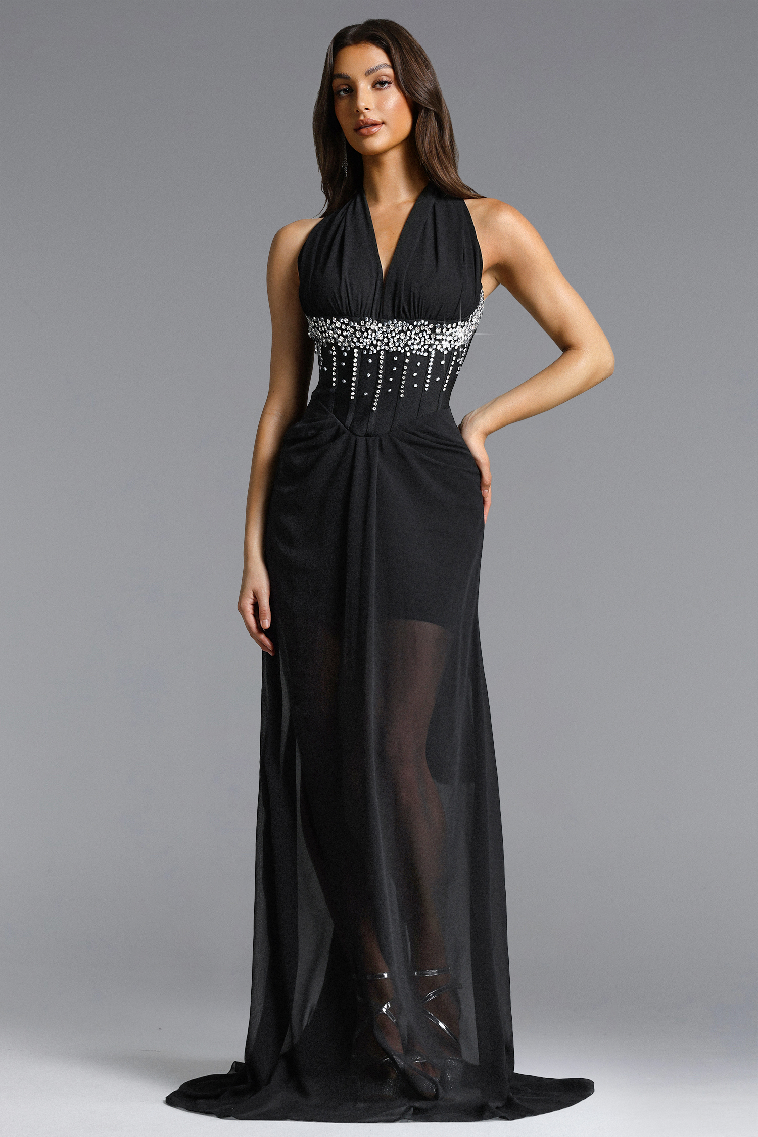 Pelze Chic Contour V Neck Rhinestone Pleated Chiffon Maxi Dress