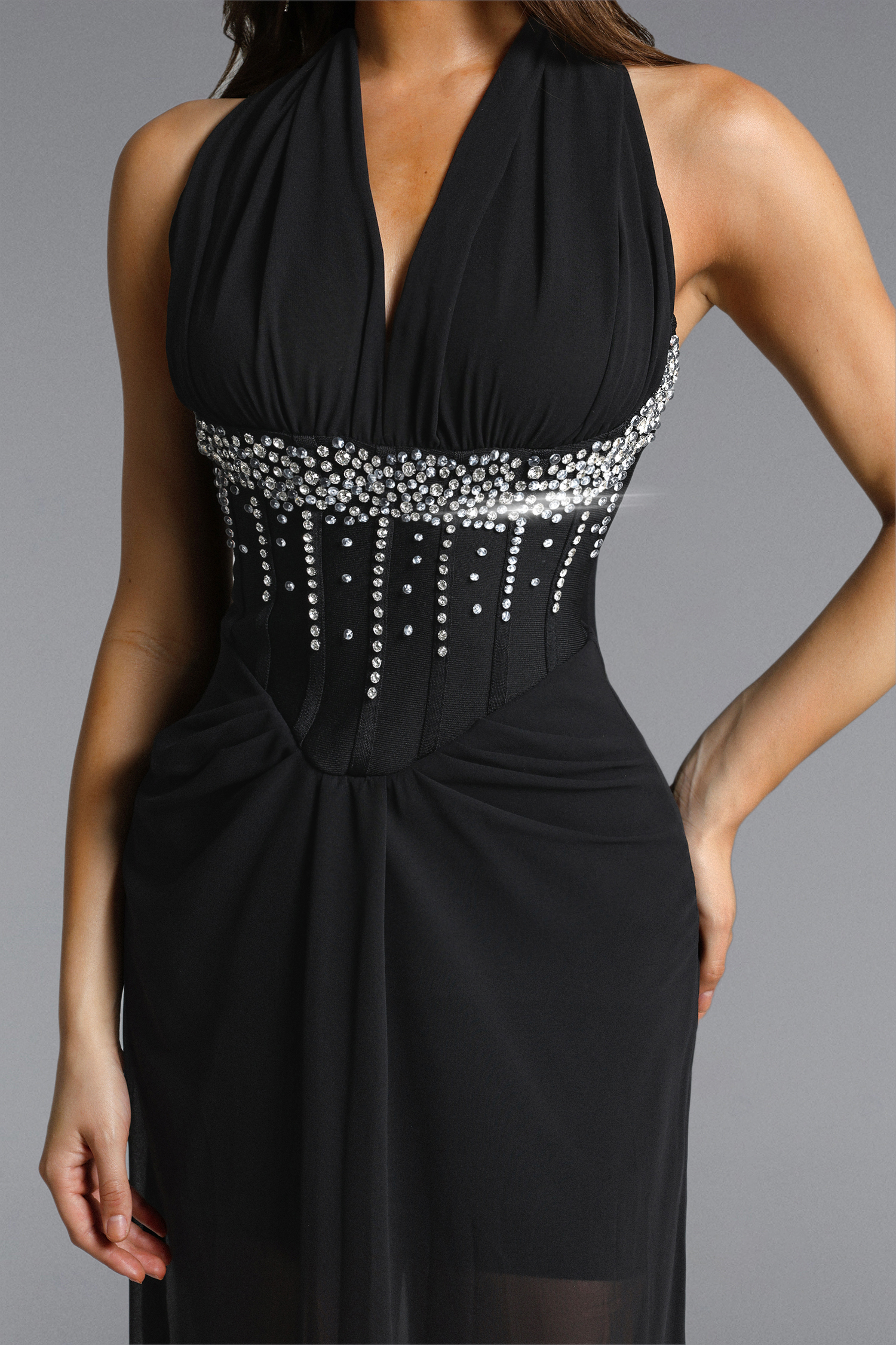 Pelze Chic Contour V Neck Rhinestone Pleated Chiffon Maxi Dress