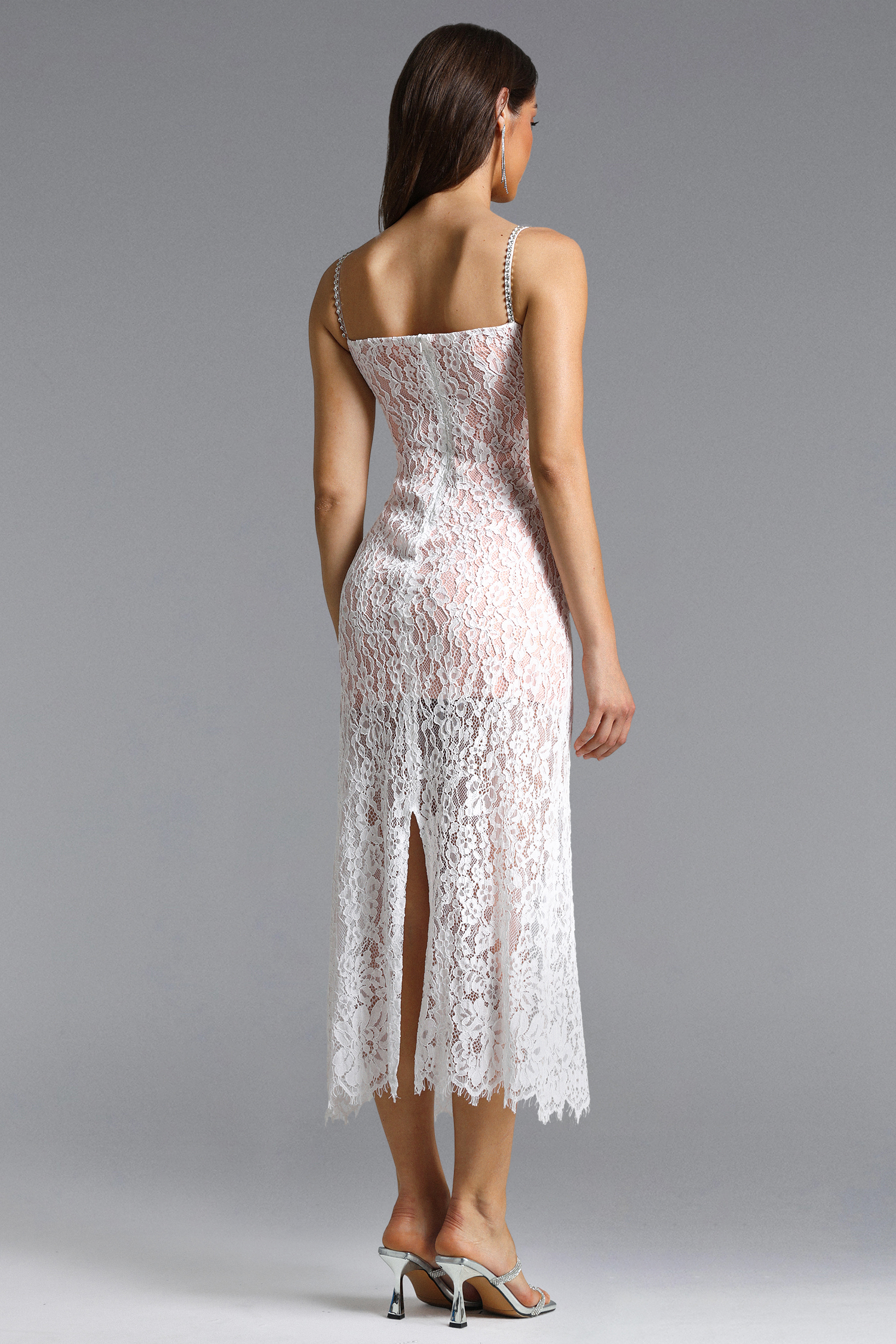Dixi Romantic Contour Cut Out Rhinestone Lace White Maxi Dress