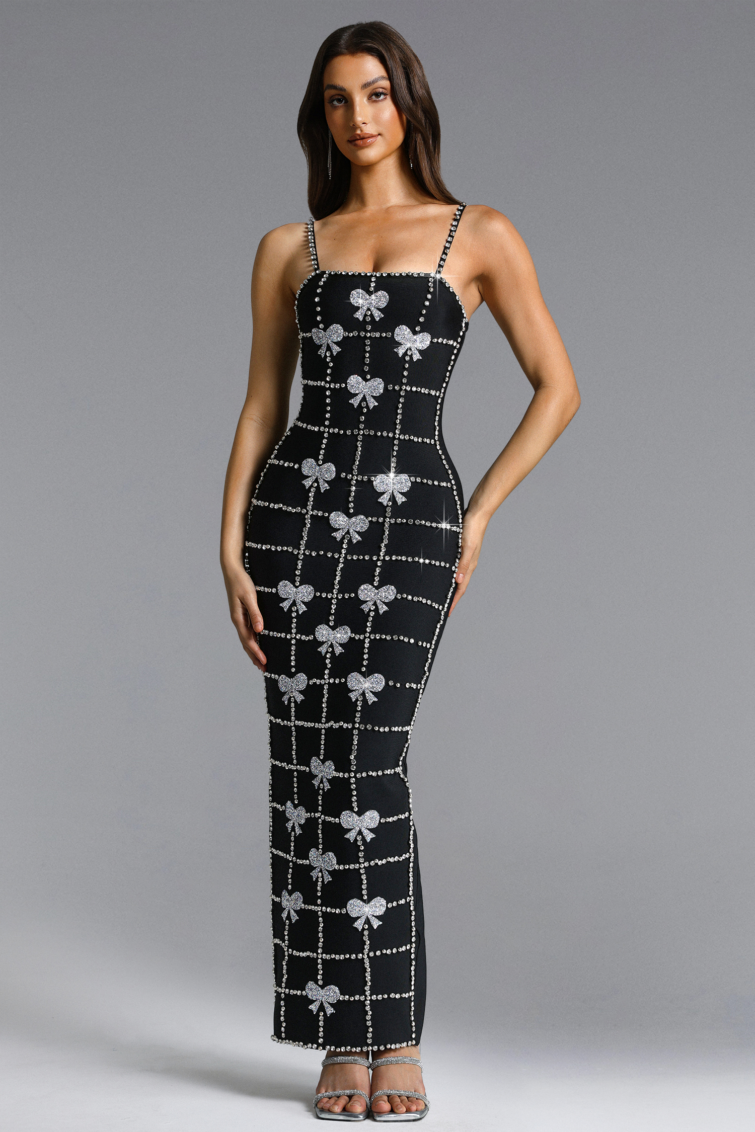 Frances Glamorous Contour Bow Rhinestone Bandage Maxi Dress