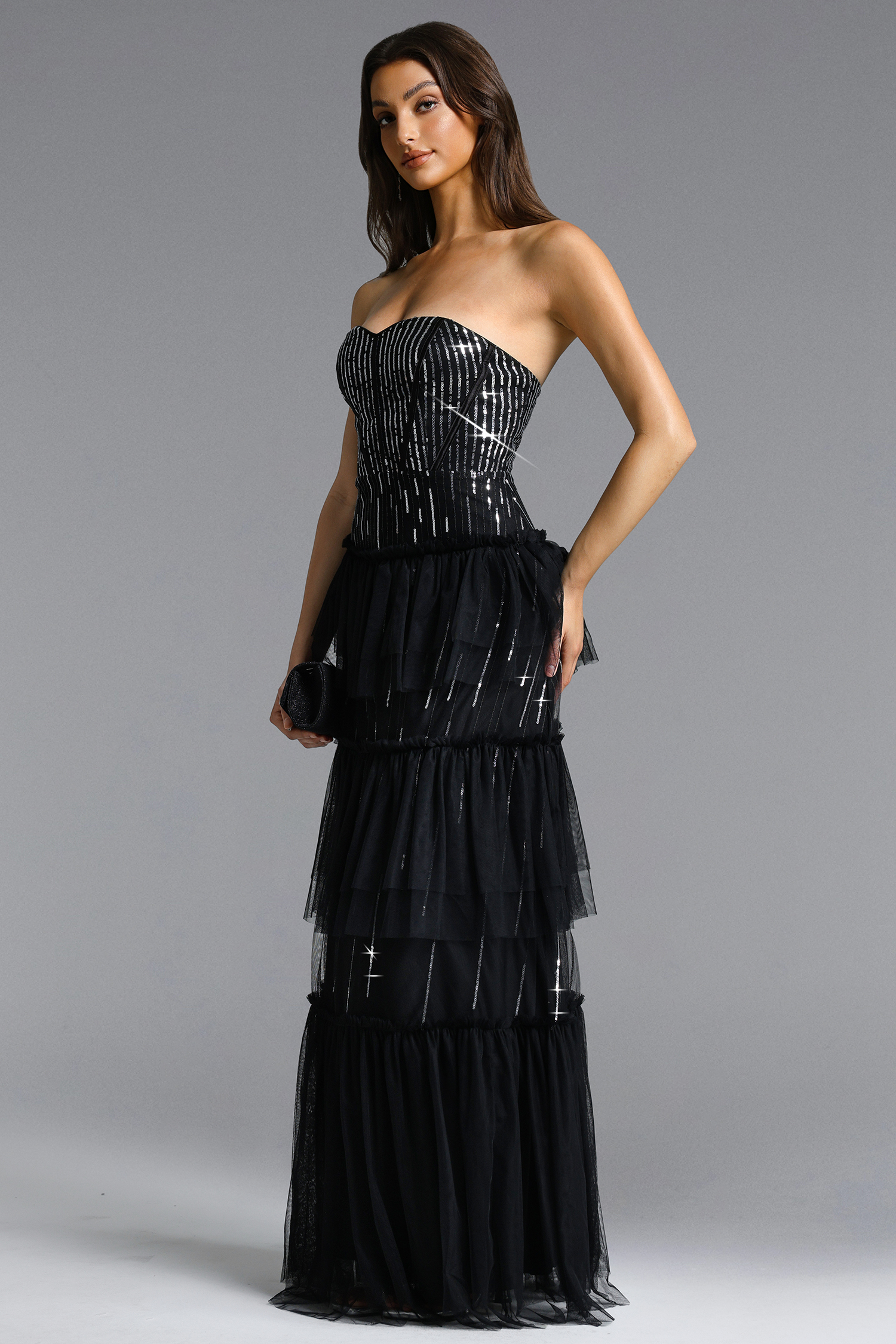 Paomi Chic Contour Strapless Sequin Maxi Dress