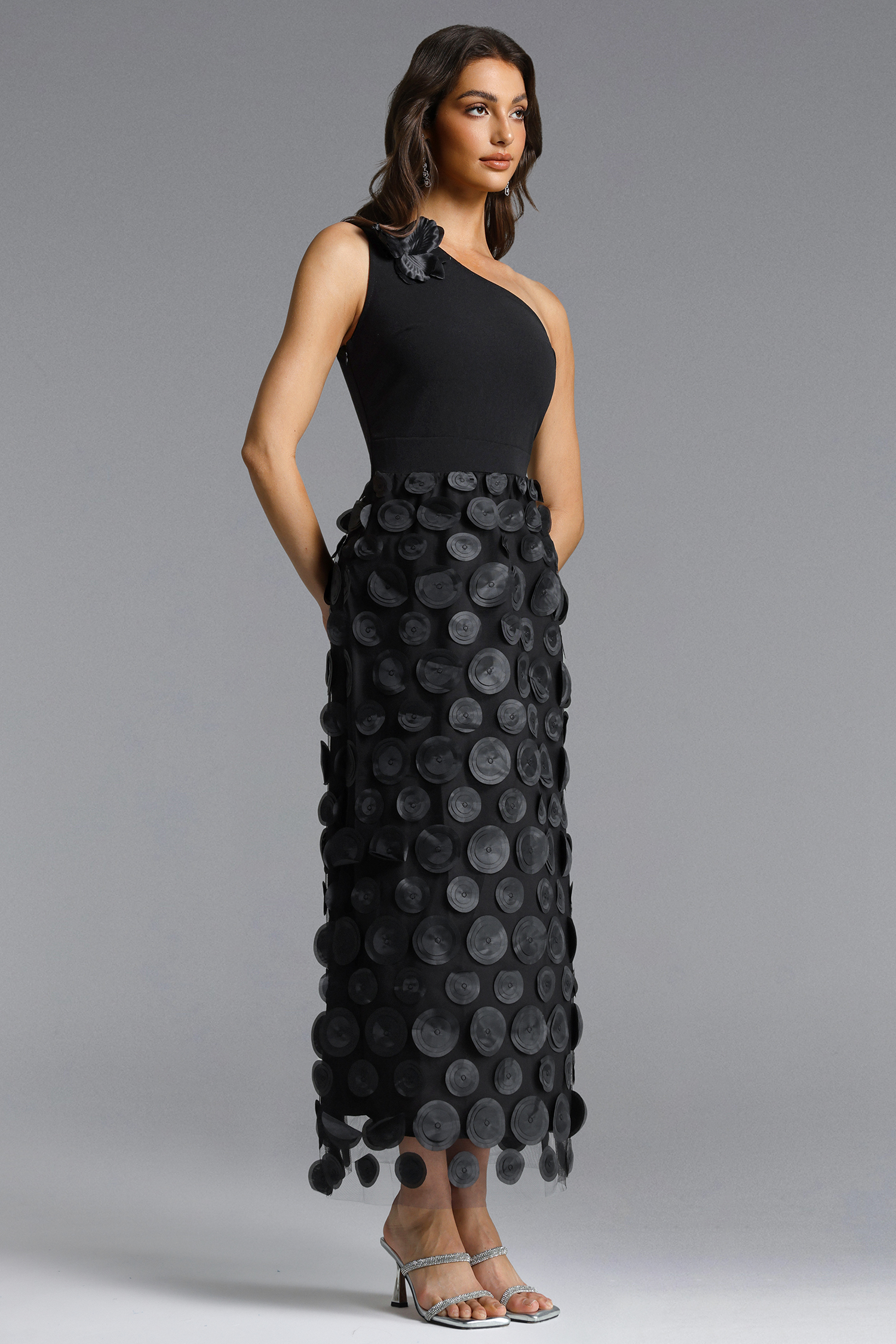 Kelza Chic Contour One Shoulder Floral Circle Pattern Knit Maxi Dress