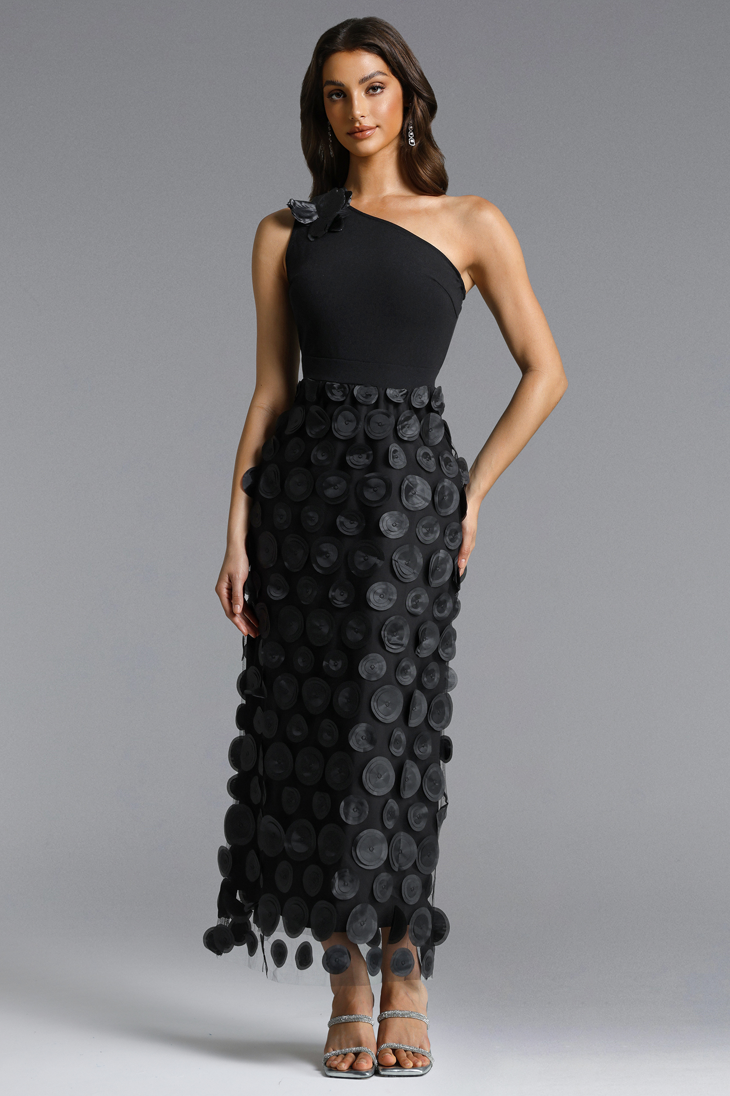 Kelza Chic Contour One Shoulder Floral Circle Pattern Knit Maxi Dress