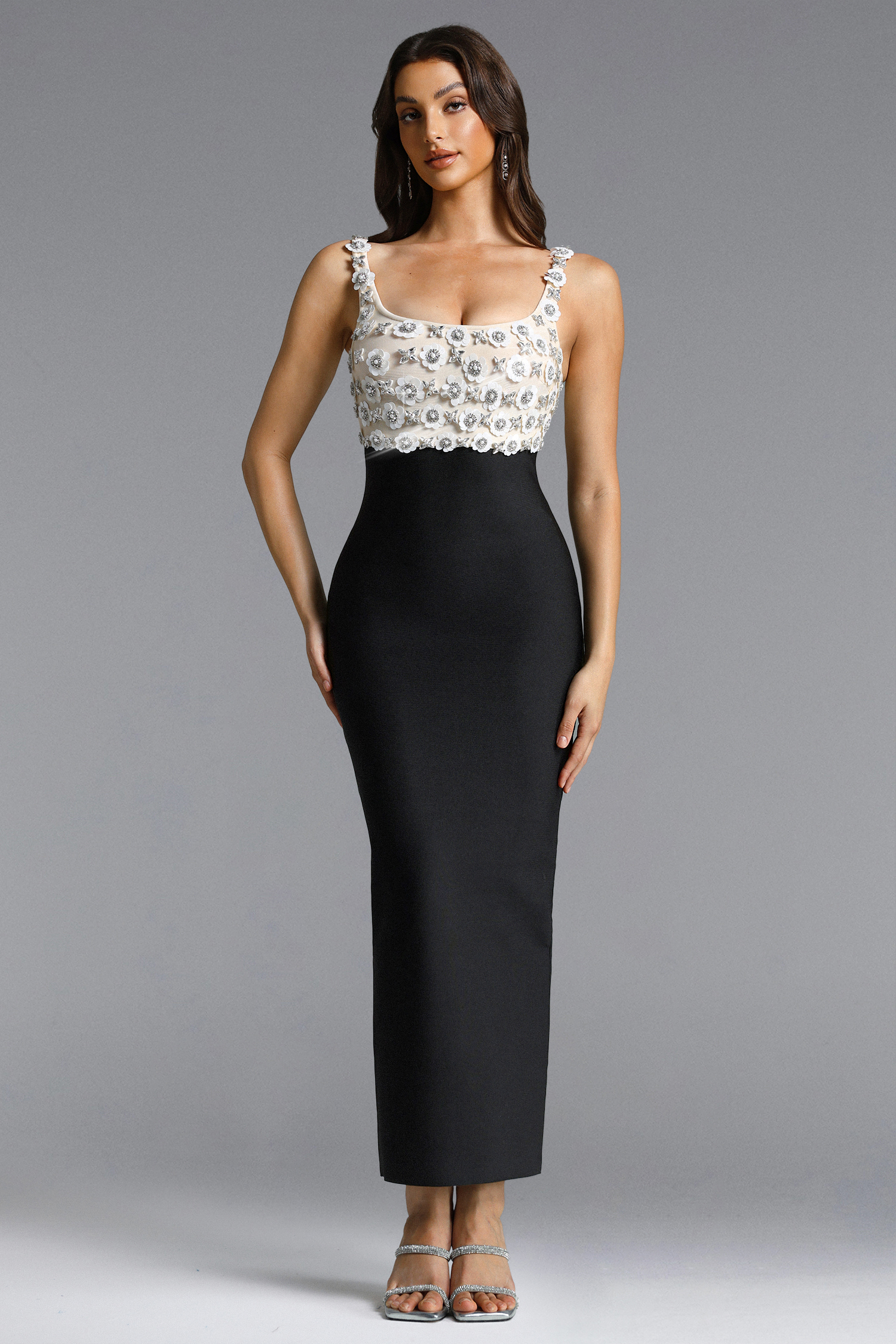 Raanana Elegant Contour Square Neck Sleeveless Floral Applique Bandage Maxi Dress