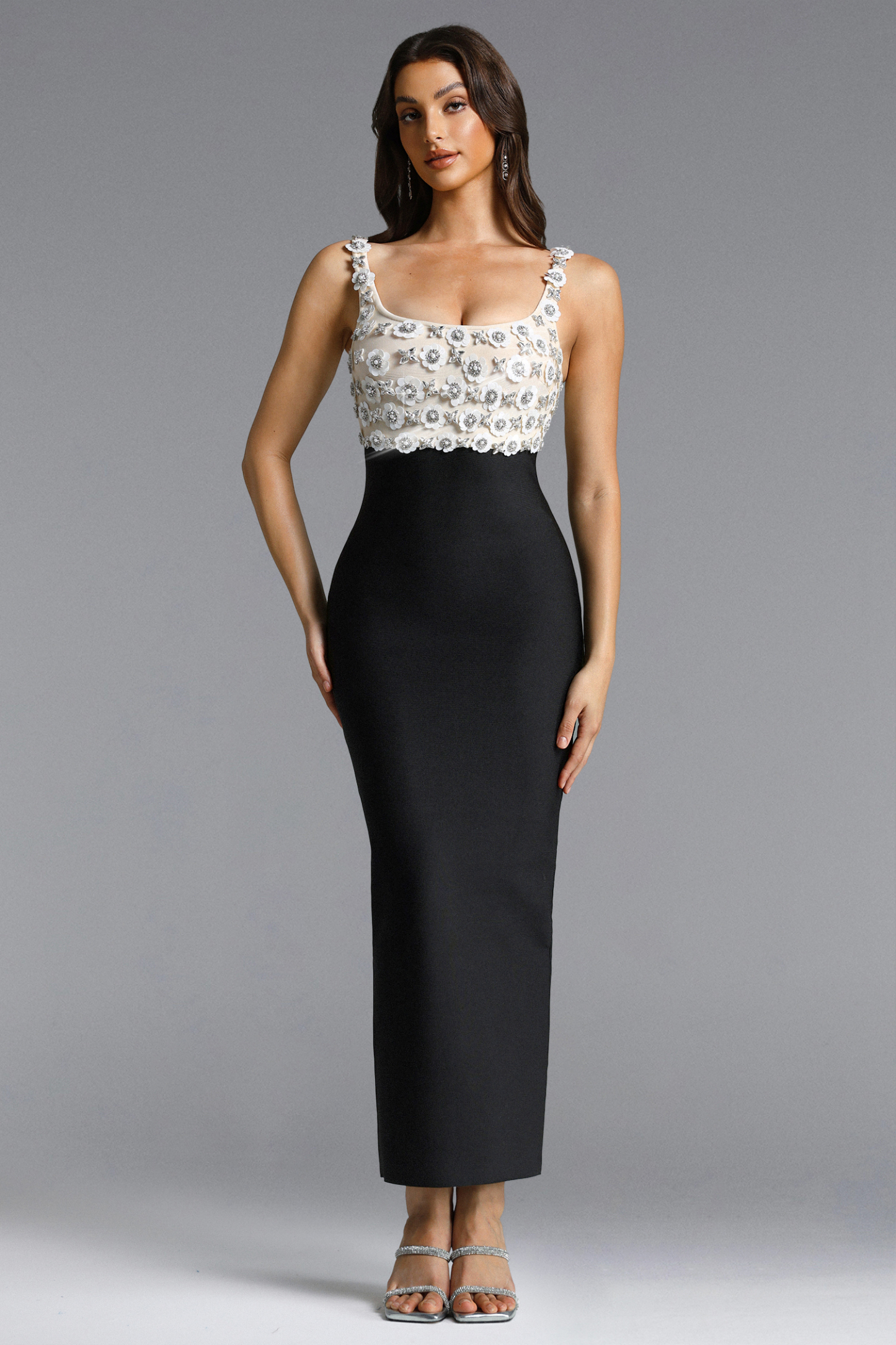 Raanana Elegant Contour Square Neck Sleeveless Floral Applique Bandage Maxi Dress