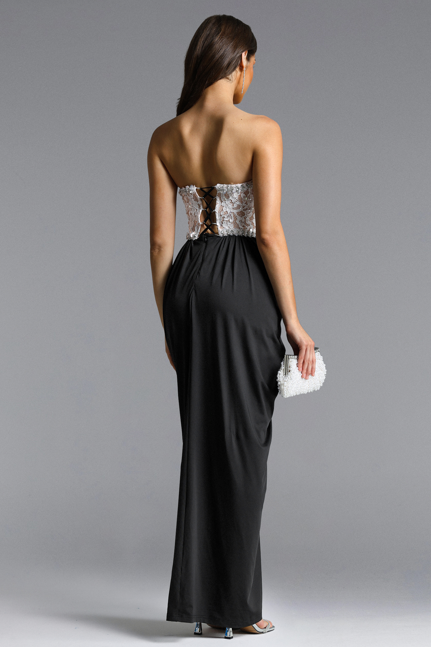 Minnie Elegant Contour Strapless Rhinestone Lace Maxi Dress