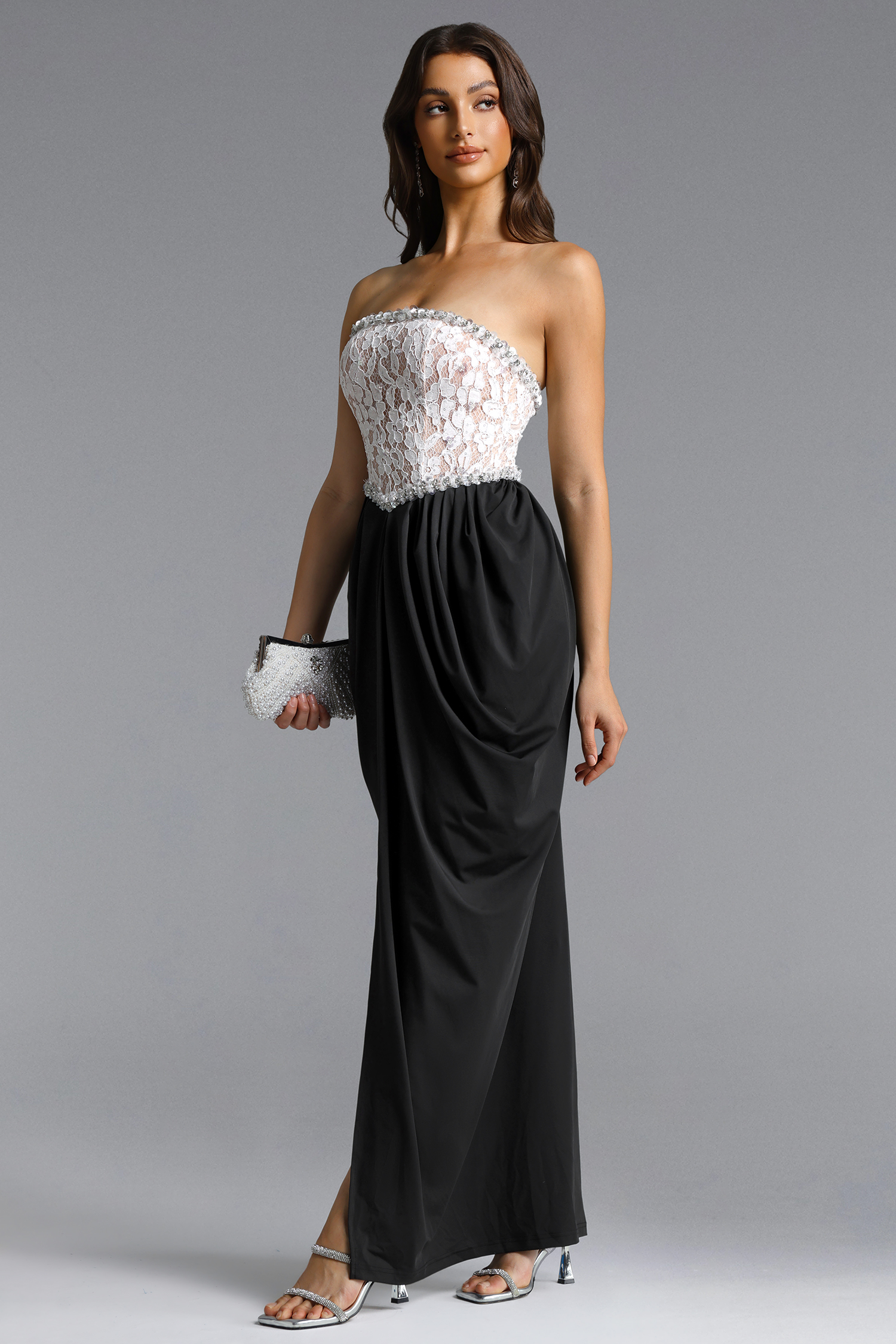 Minnie Elegant Contour Strapless Rhinestone Lace Maxi Dress