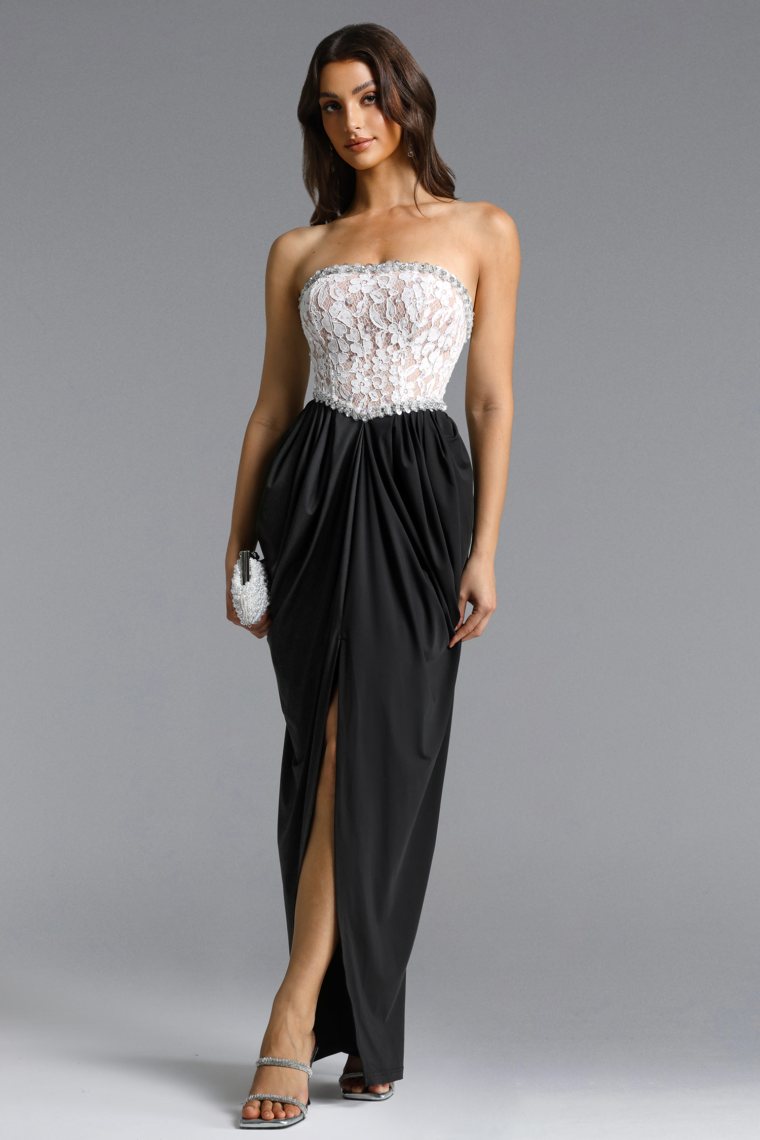 Minnie Elegant Contour Strapless Rhinestone Lace Maxi Dress