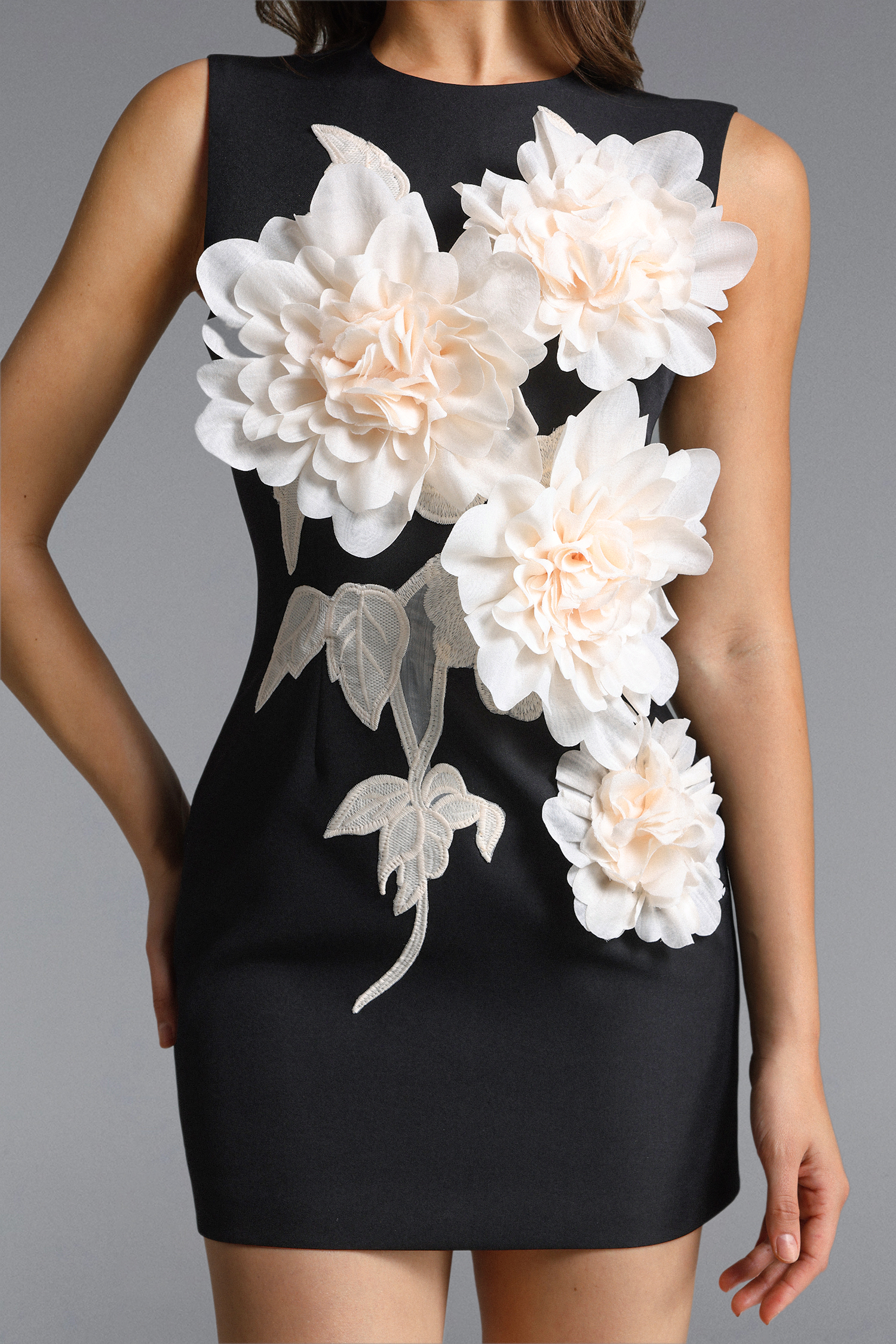 Hzere Elegant Tailored Sleeveless Floral Embroidered Black Mini Dress